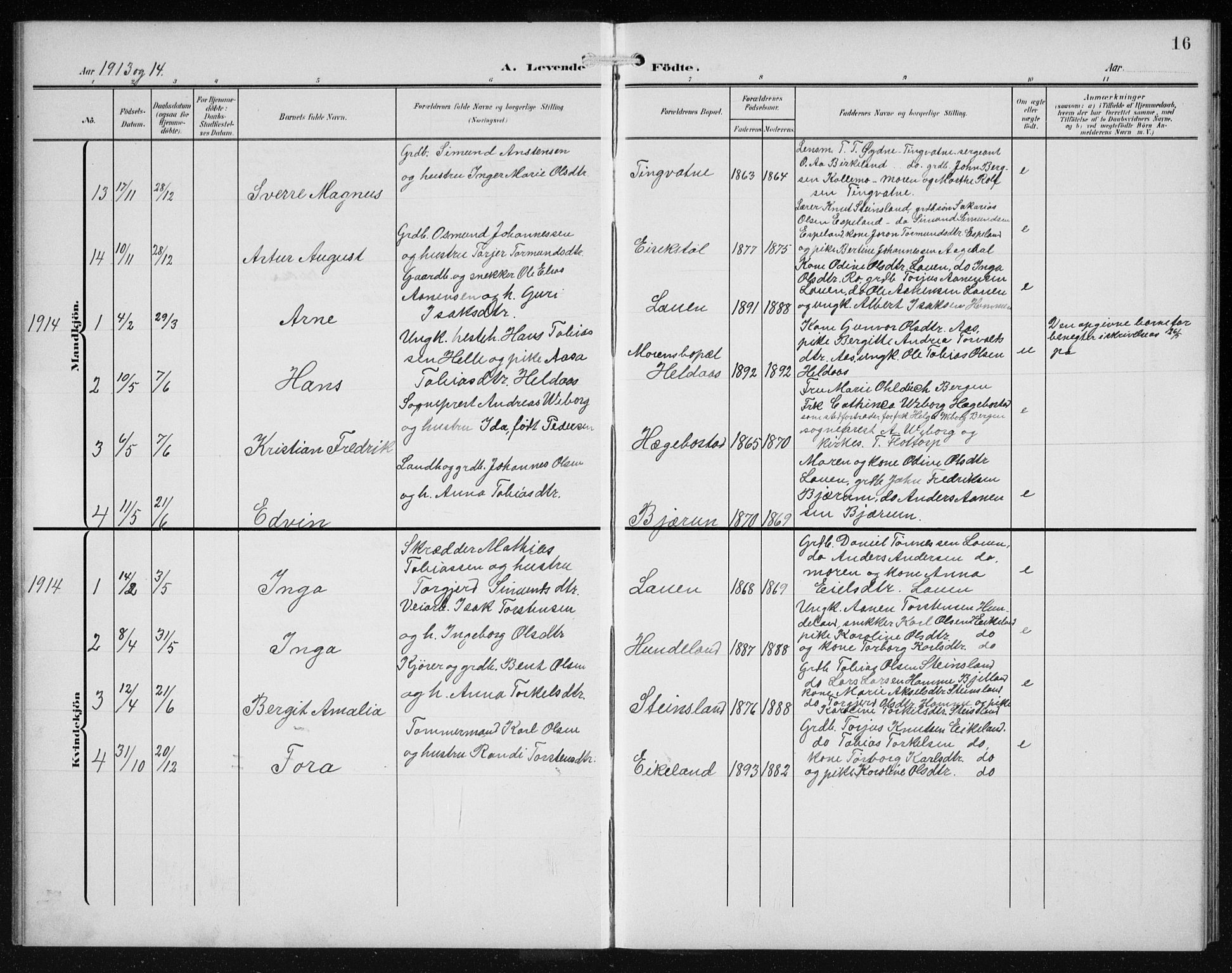 Hægebostad sokneprestkontor, SAK/1111-0024/F/Fb/Fba/L0005: Parish register (copy) no. B 5, 1907-1931, p. 16