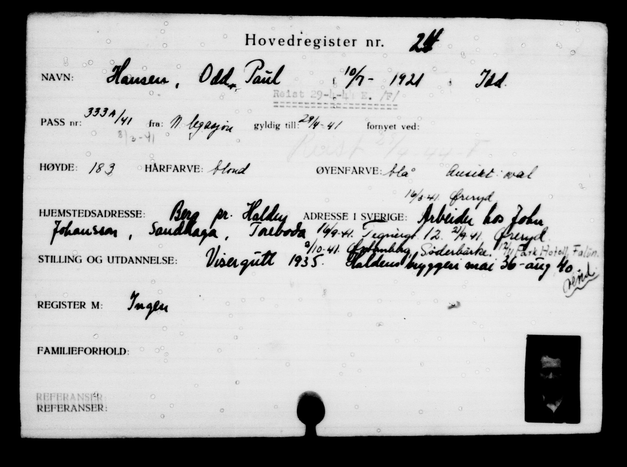 Utenriksstasjonene, Legasjonen i Stockholm, Flyktningkontoret, AV/RA-S-6753/V/Va/L0001: Kjesäterkartoteket, flyktninger med registreringsnr. 1-1000, 1940-1945, p. 37