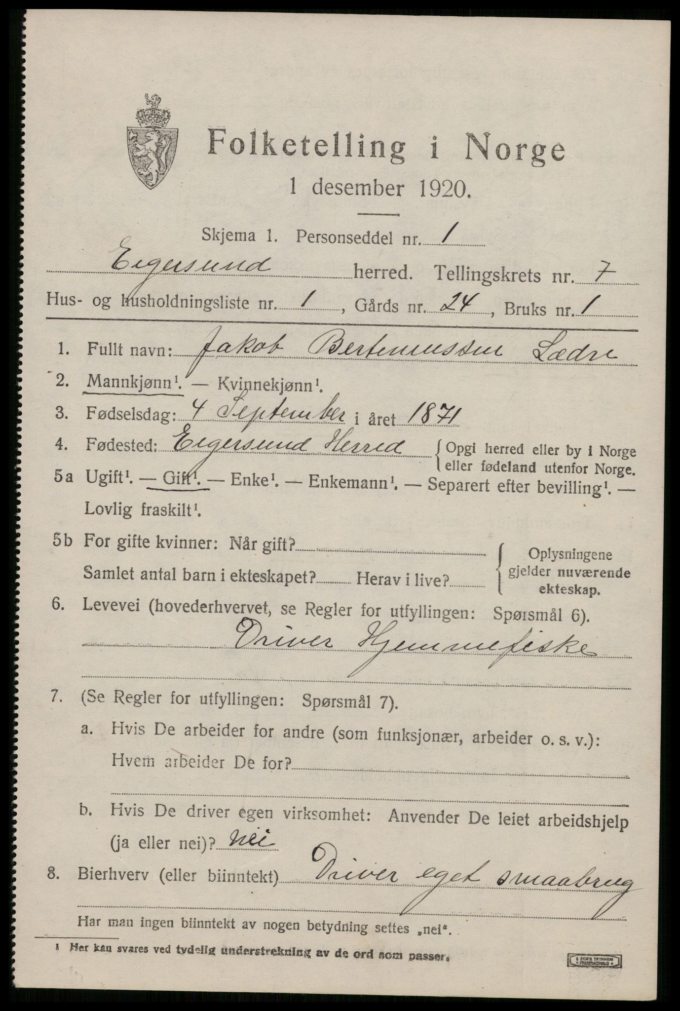 SAST, 1920 census for Eigersund, 1920, p. 4617