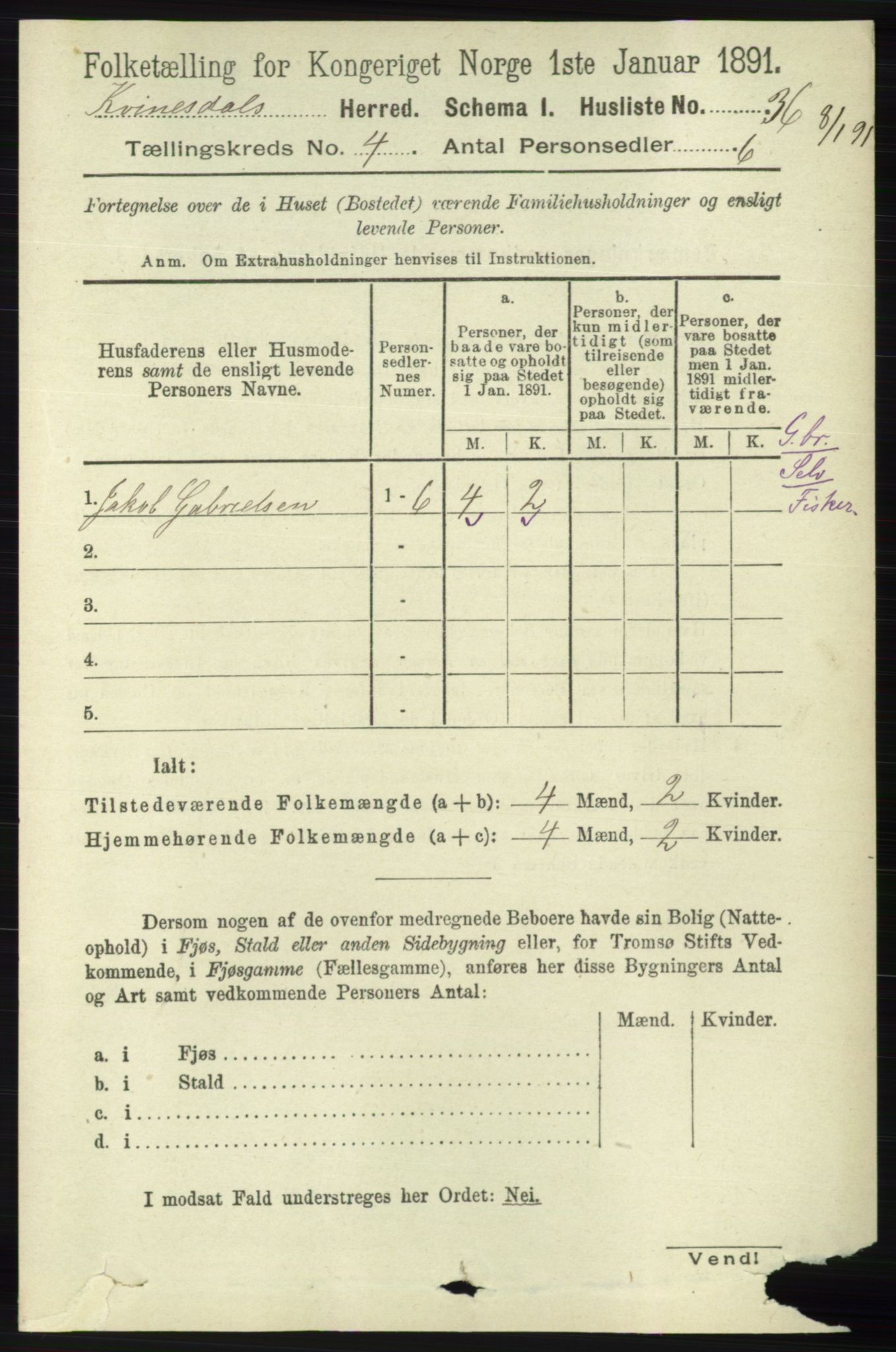 RA, 1891 census for 1037 Kvinesdal, 1891, p. 1429