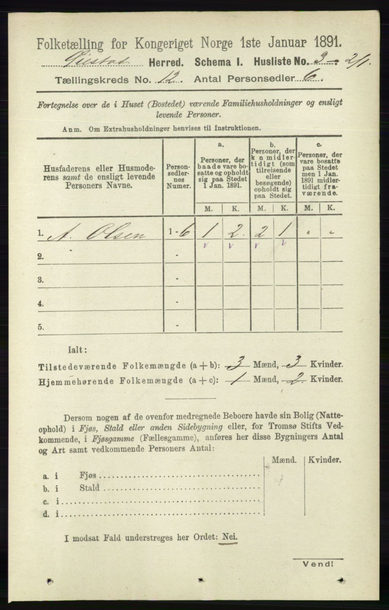 RA, 1891 census for 0920 Øyestad, 1891, p. 5365