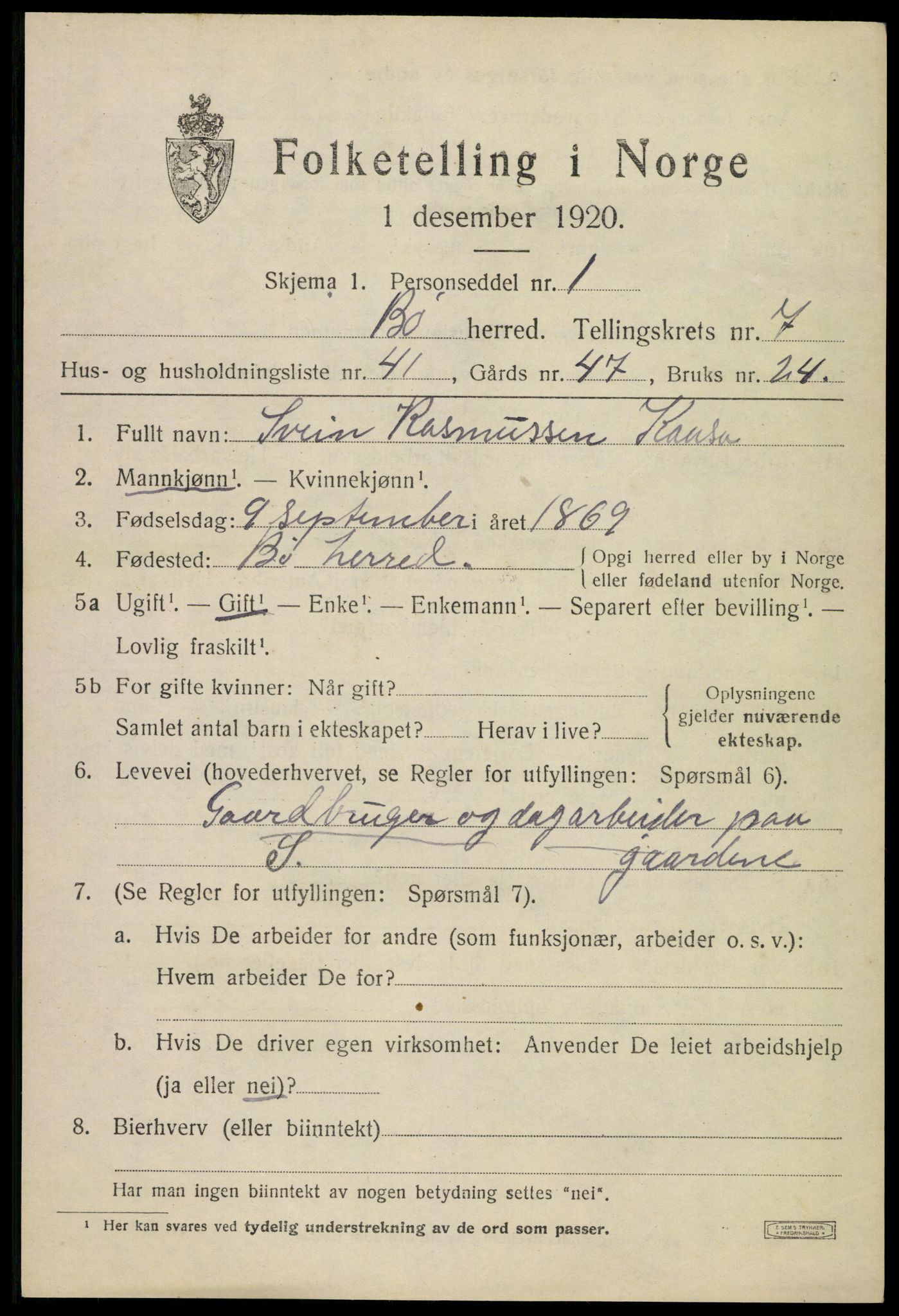 SAKO, 1920 census for Bø (Telemark), 1920, p. 5496