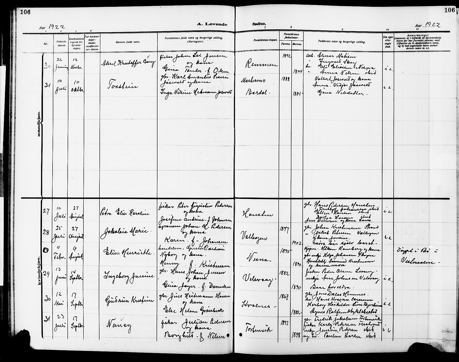 Ministerialprotokoller, klokkerbøker og fødselsregistre - Nordland, SAT/A-1459/838/L0560: Parish register (copy) no. 838C07, 1910-1928, p. 106