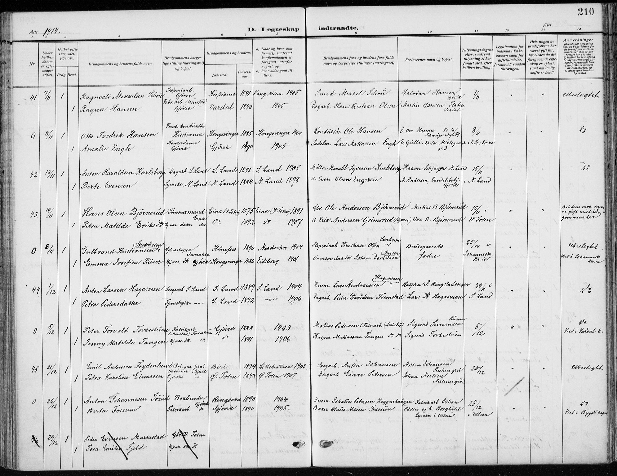 Vardal prestekontor, SAH/PREST-100/H/Ha/Haa/L0014: Parish register (official) no. 14, 1912-1922, p. 210