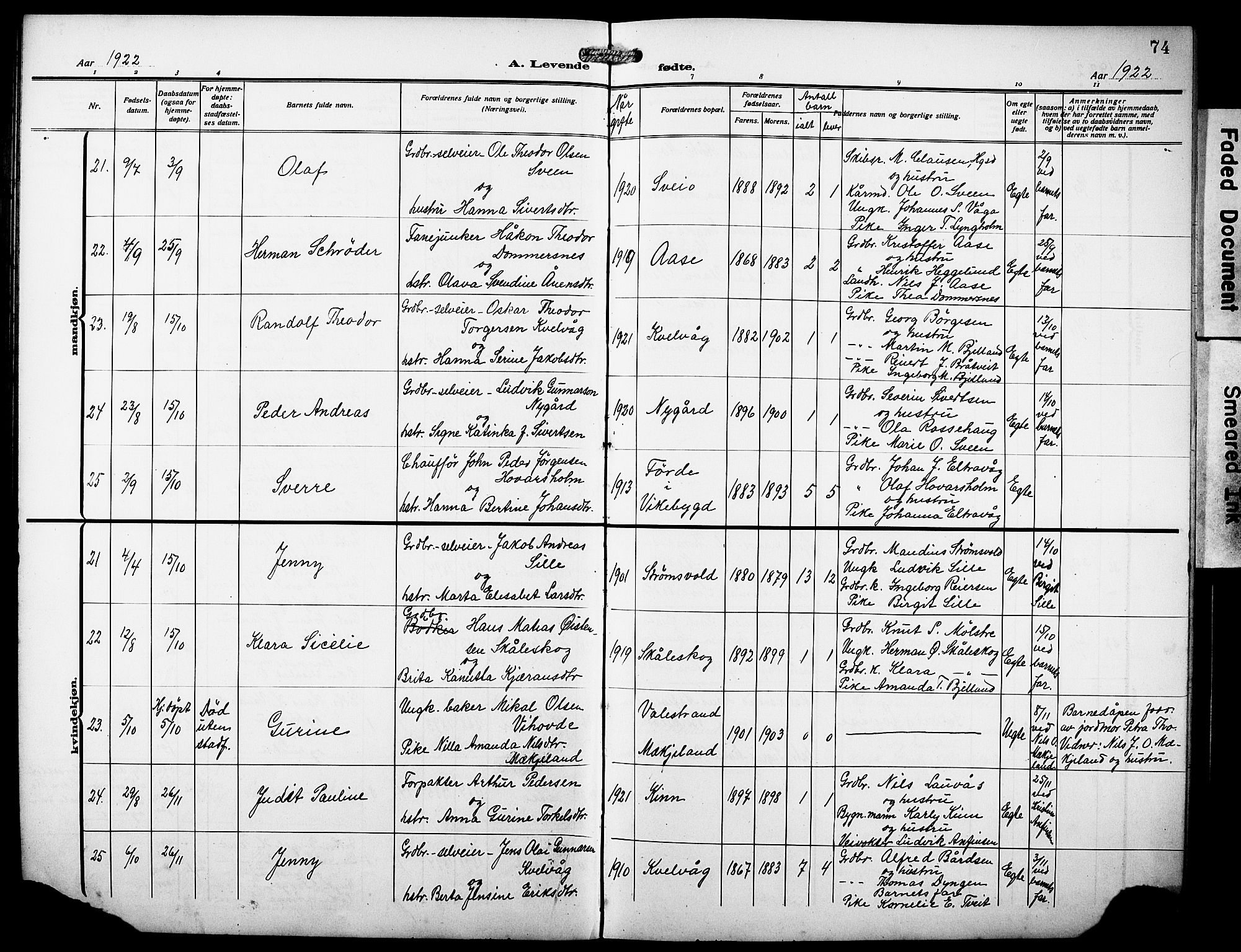 Sveio Sokneprestembete, AV/SAB-A-78501/H/Hab: Parish register (copy) no. A 5, 1911-1926, p. 74