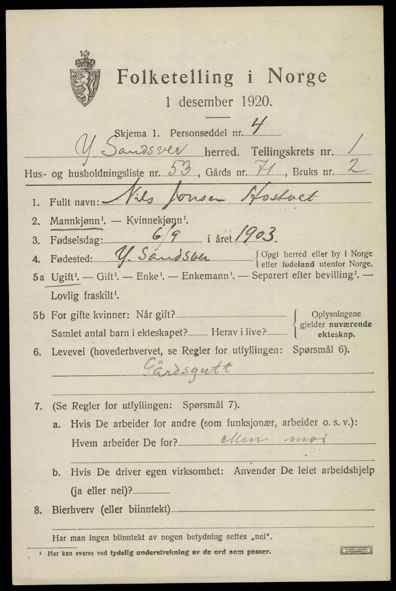 SAKO, 1920 census for Ytre Sandsvær, 1920, p. 1712