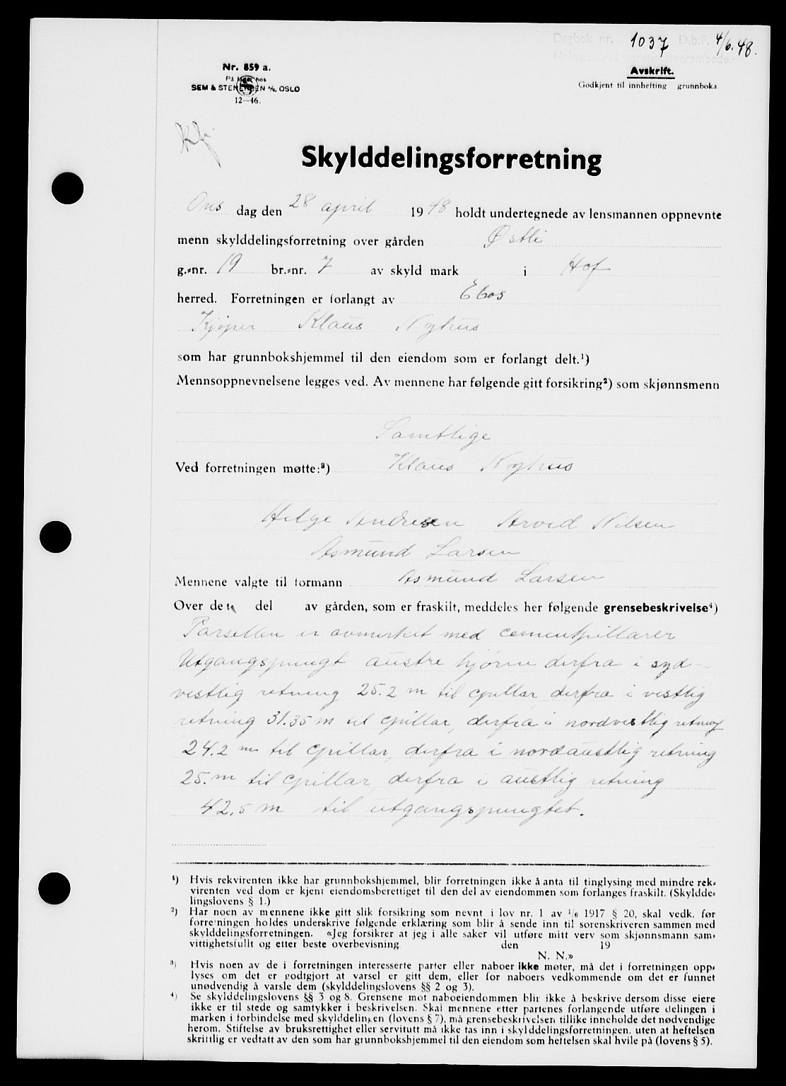 Holmestrand sorenskriveri, AV/SAKO-A-67/G/Ga/Gaa/L0064: Mortgage book no. A-64, 1948-1948, Diary no: : 1037/1948