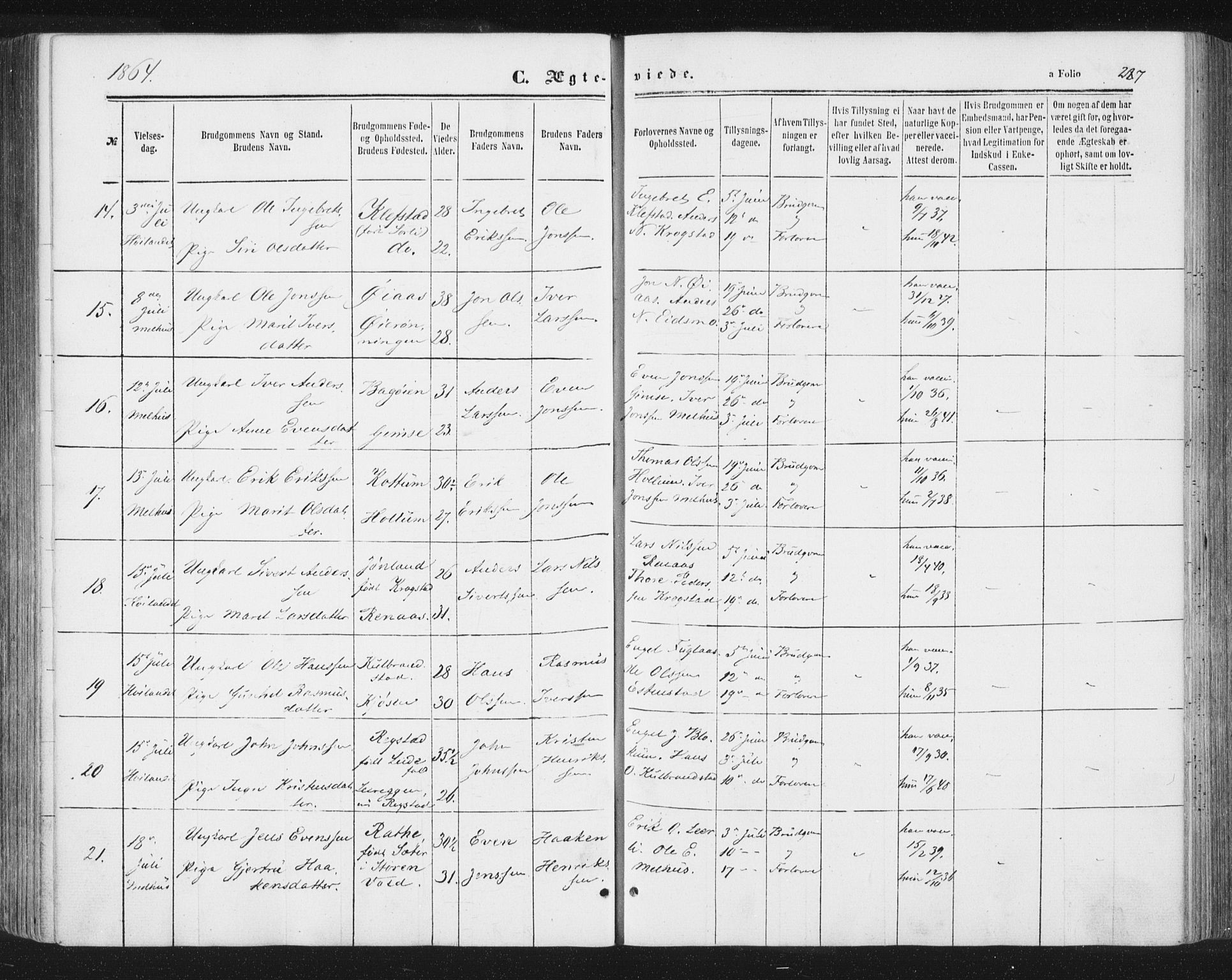 Ministerialprotokoller, klokkerbøker og fødselsregistre - Sør-Trøndelag, AV/SAT-A-1456/691/L1077: Parish register (official) no. 691A09, 1862-1873, p. 287