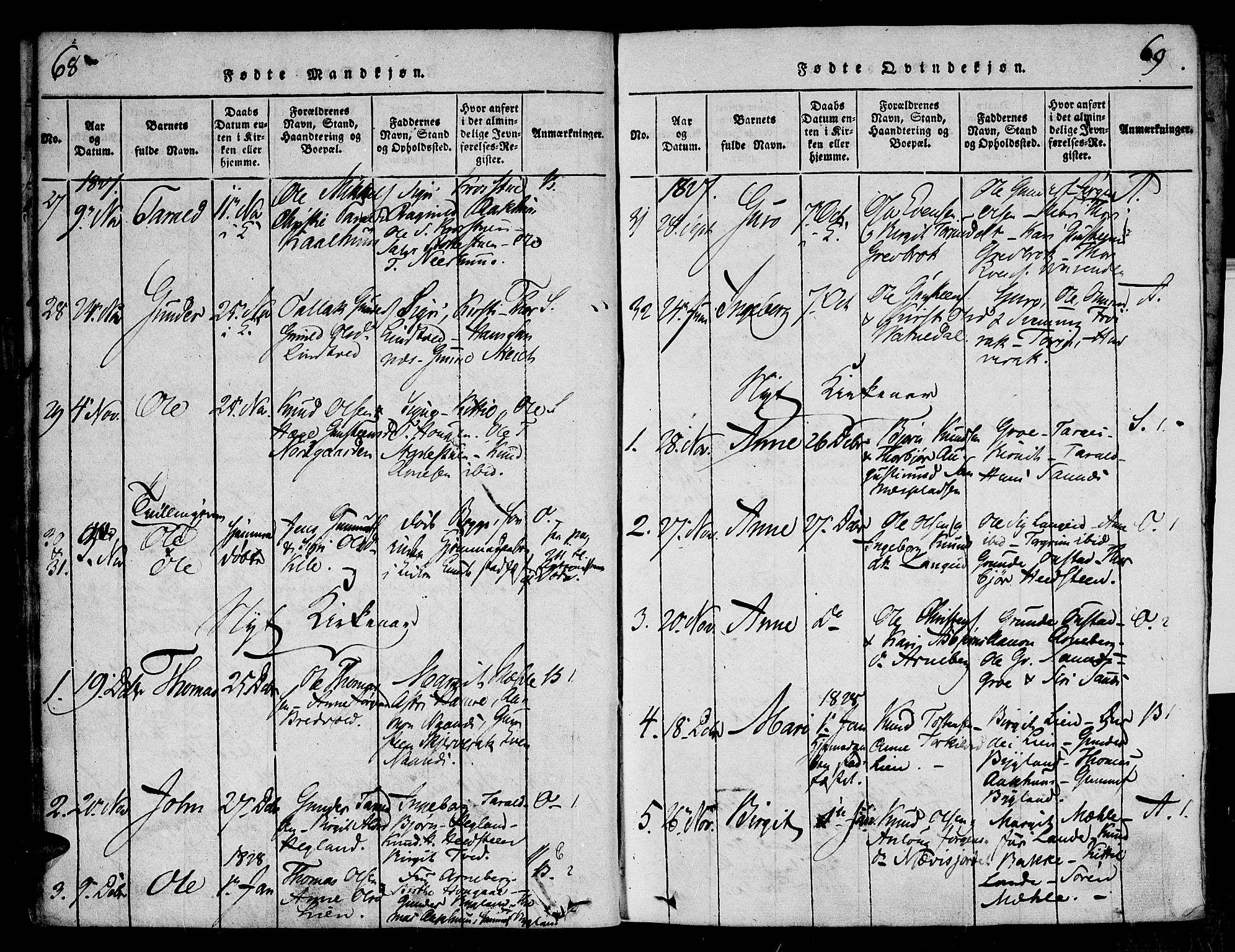 Bygland sokneprestkontor, SAK/1111-0006/F/Fa/Fab/L0003: Parish register (official) no. A 3, 1816-1841, p. 68-69