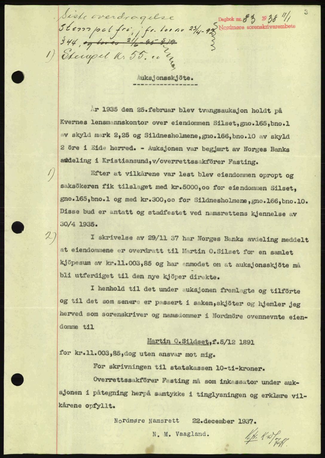 Nordmøre sorenskriveri, AV/SAT-A-4132/1/2/2Ca: Mortgage book no. A83, 1938-1938, Diary no: : 83/1938