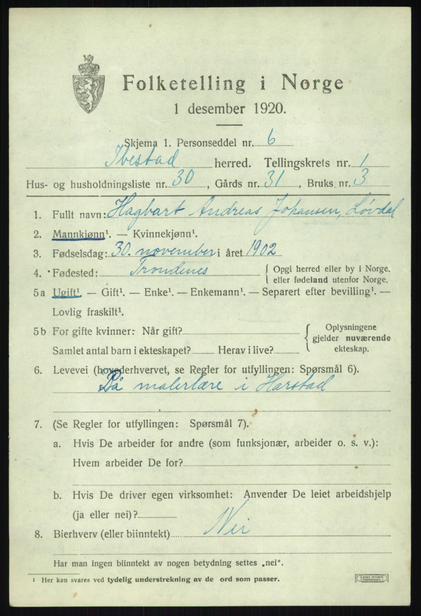 SATØ, 1920 census for Ibestad, 1920, p. 2373