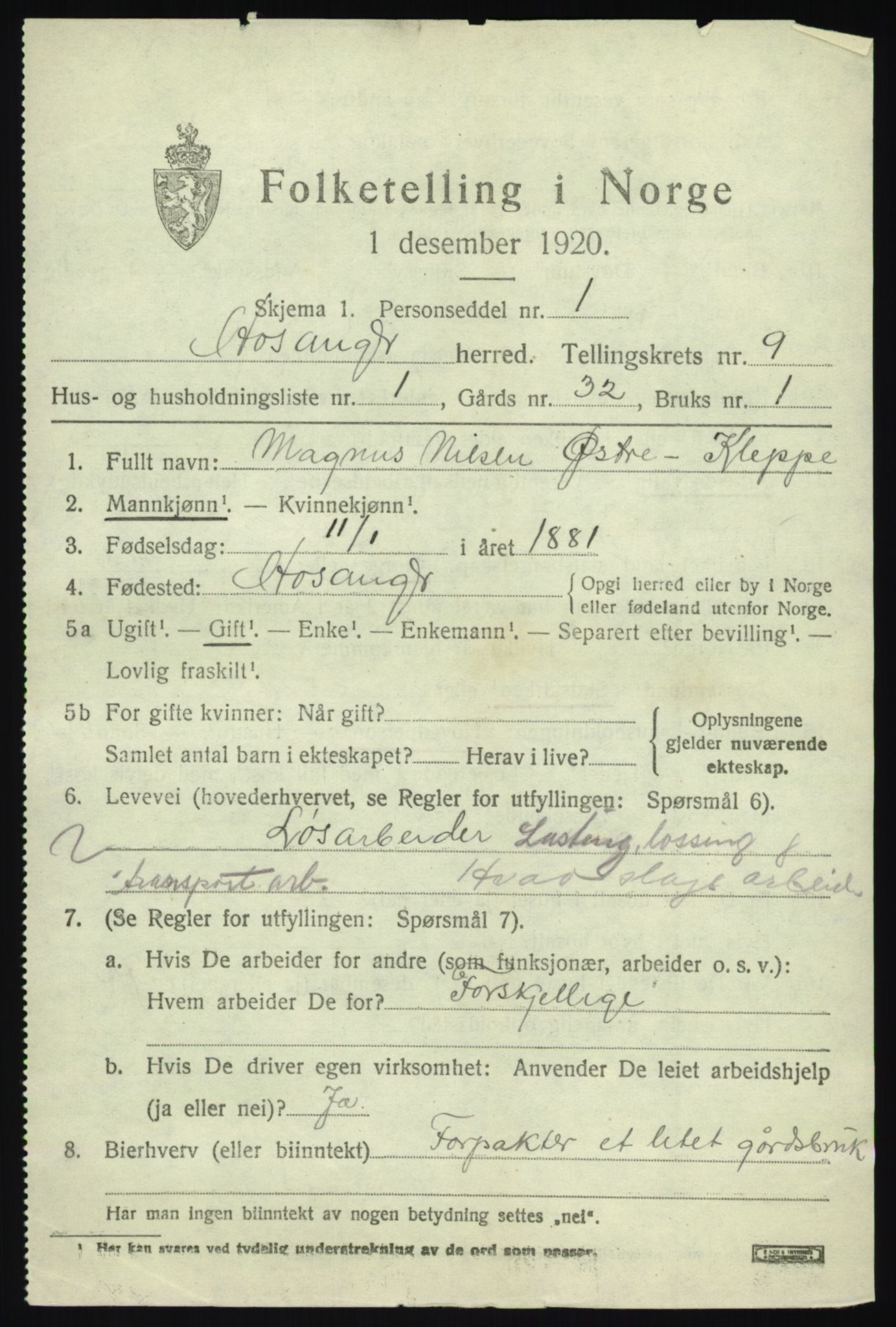 SAB, 1920 census for Hosanger, 1920, p. 3855