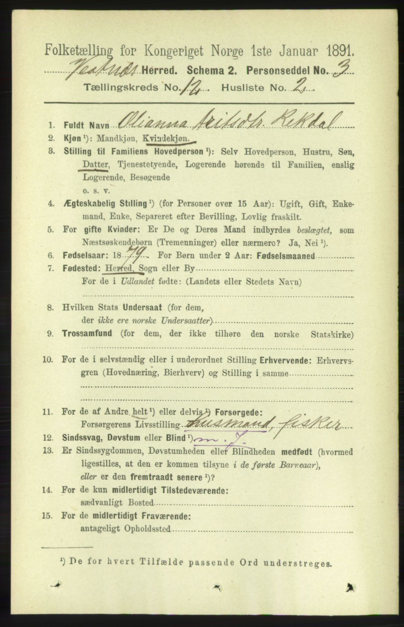 RA, 1891 census for 1535 Vestnes, 1891, p. 4425