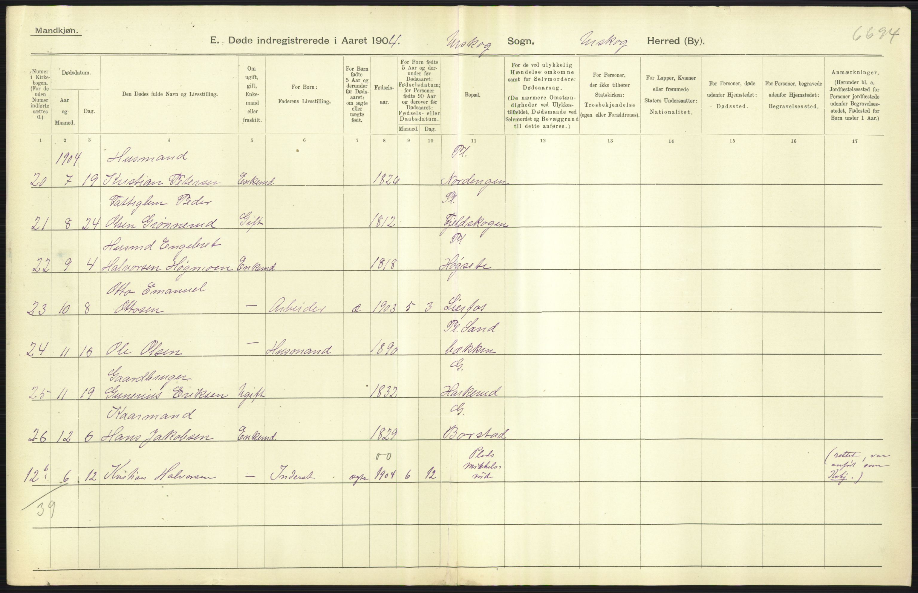 Statistisk sentralbyrå, Sosiodemografiske emner, Befolkning, AV/RA-S-2228/D/Df/Dfa/Dfab/L0002: Akershus amt: Fødte, gifte, døde, 1904, p. 601