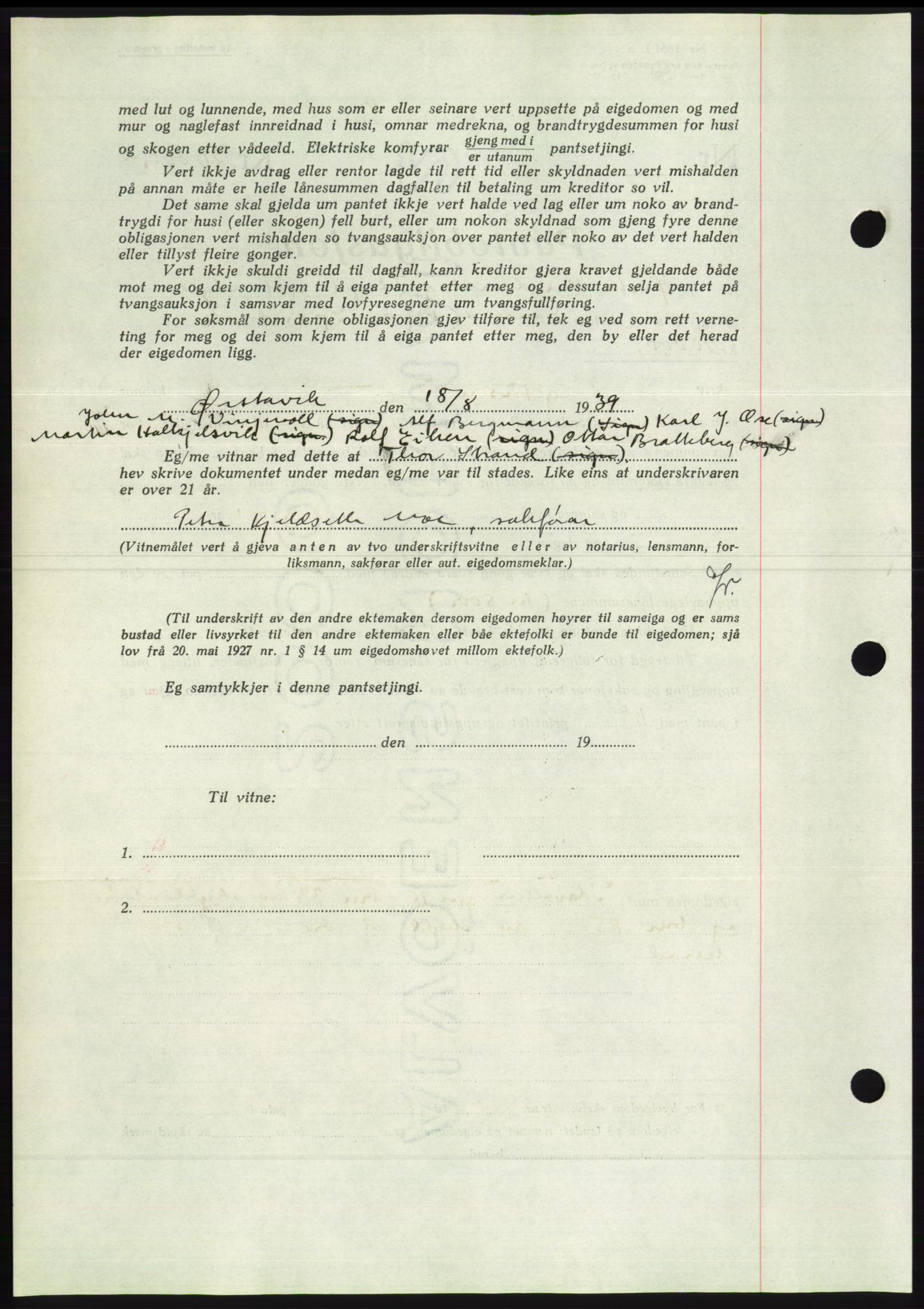 Søre Sunnmøre sorenskriveri, AV/SAT-A-4122/1/2/2C/L0068: Mortgage book no. 62, 1939-1939, Diary no: : 1272/1939