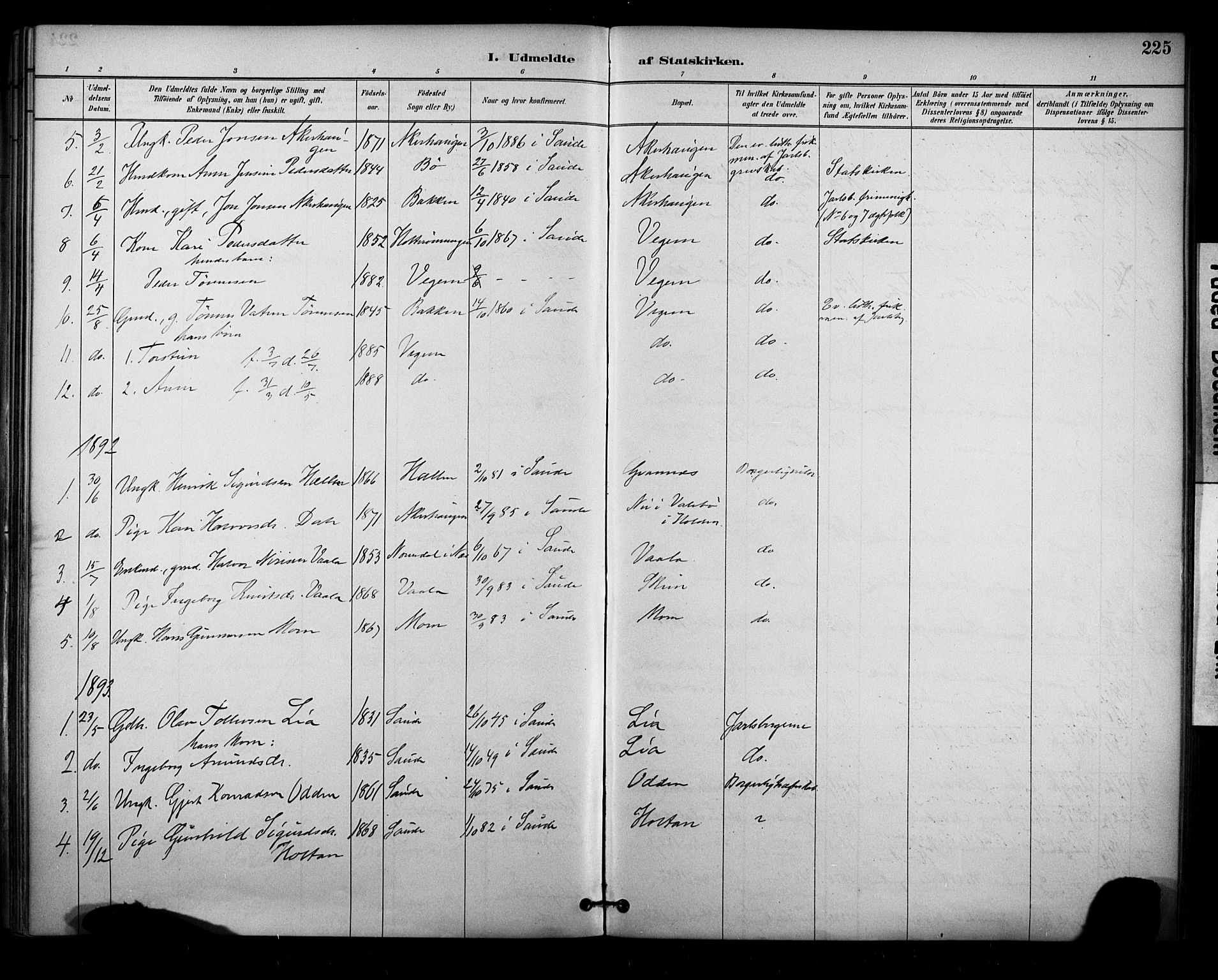 Sauherad kirkebøker, AV/SAKO-A-298/F/Fa/L0009: Parish register (official) no. I 9, 1887-1912, p. 225