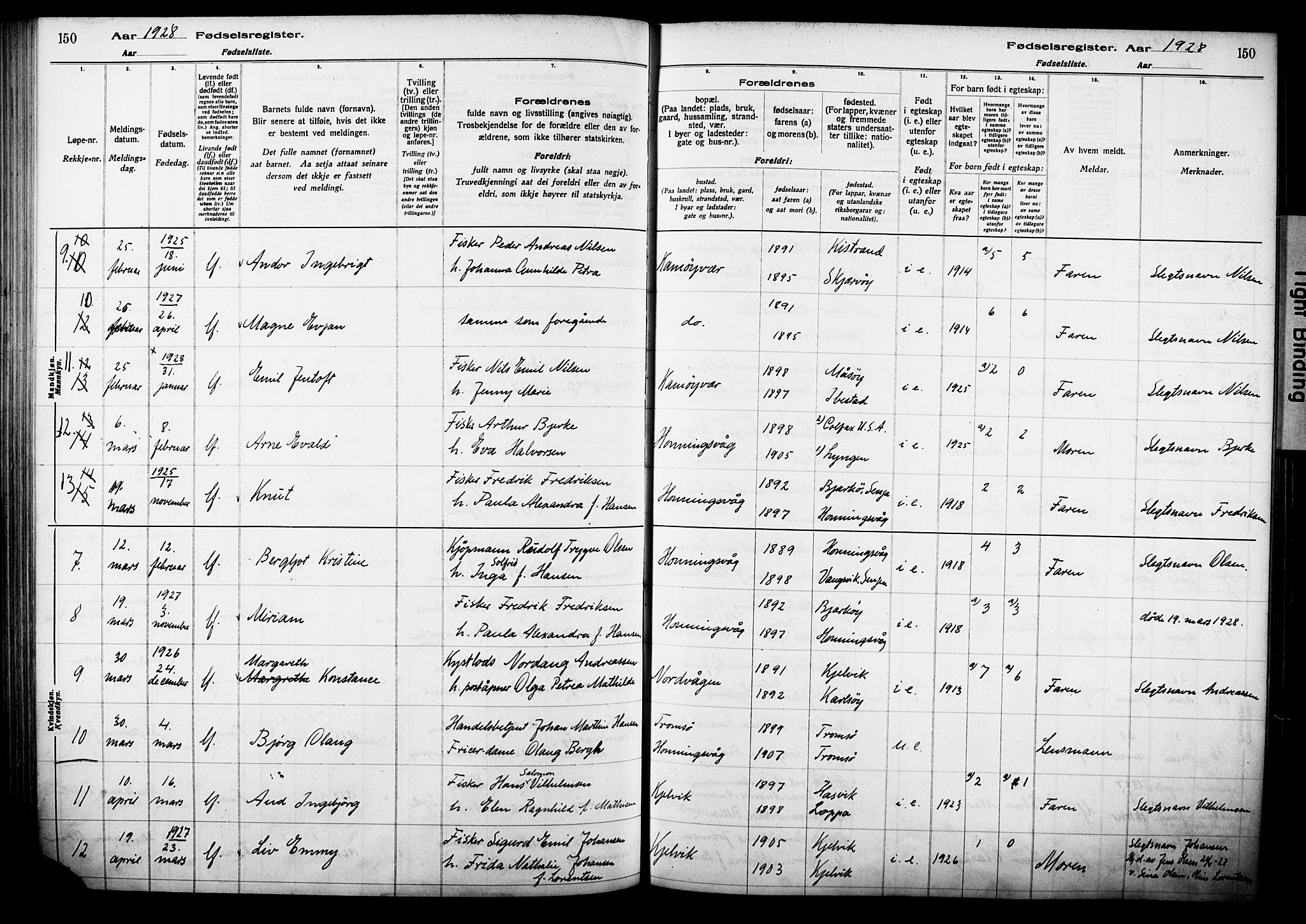 Kjelvik/Nordkapp sokneprestkontor, AV/SATØ-S-1350/I/Ia/L0015: Birth register no. 15, 1916-1930, p. 150