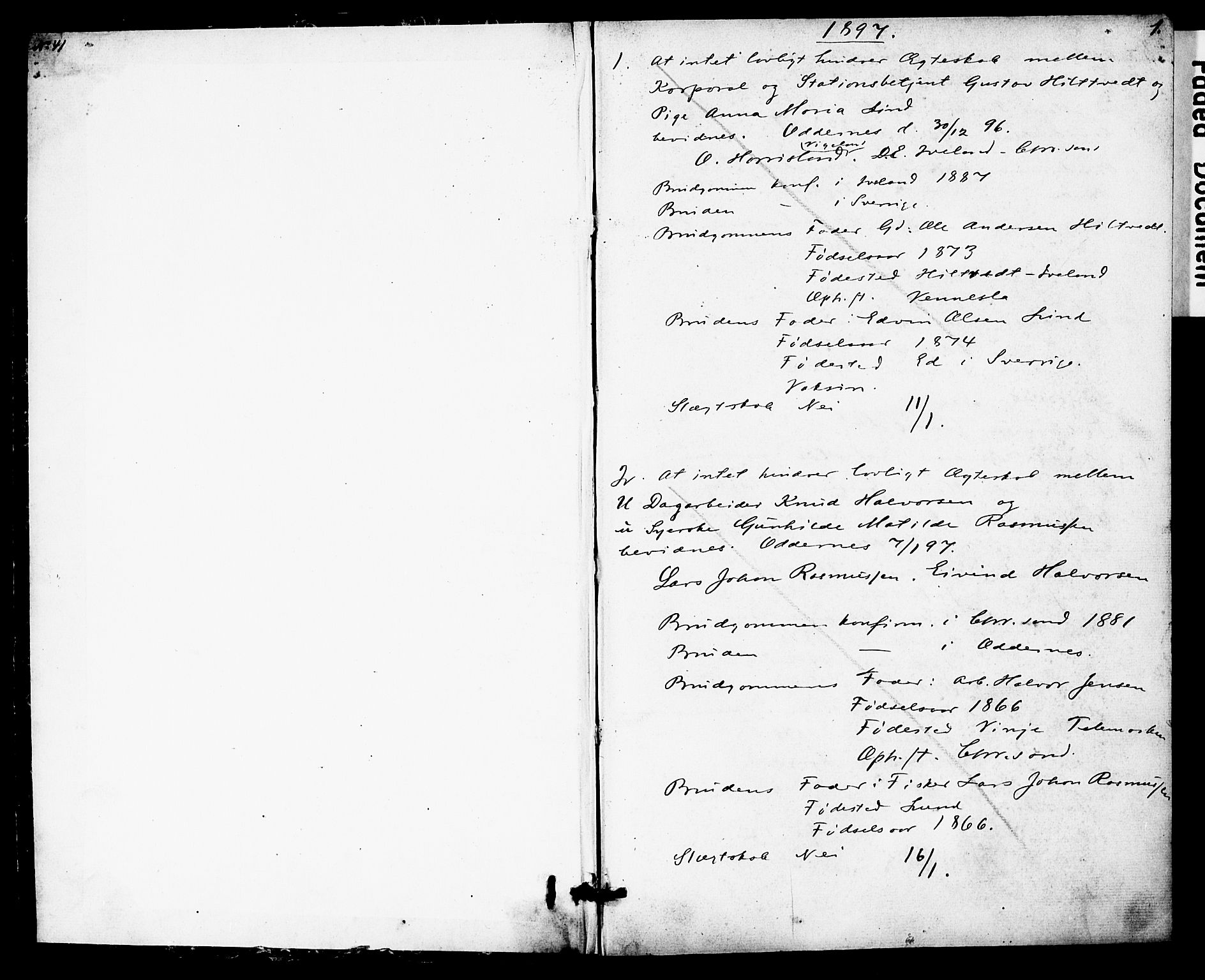 Oddernes sokneprestkontor, SAK/1111-0033/F/Fe/L0001/0001: Banns register no. A VI 12, 1897-1905, p. 1