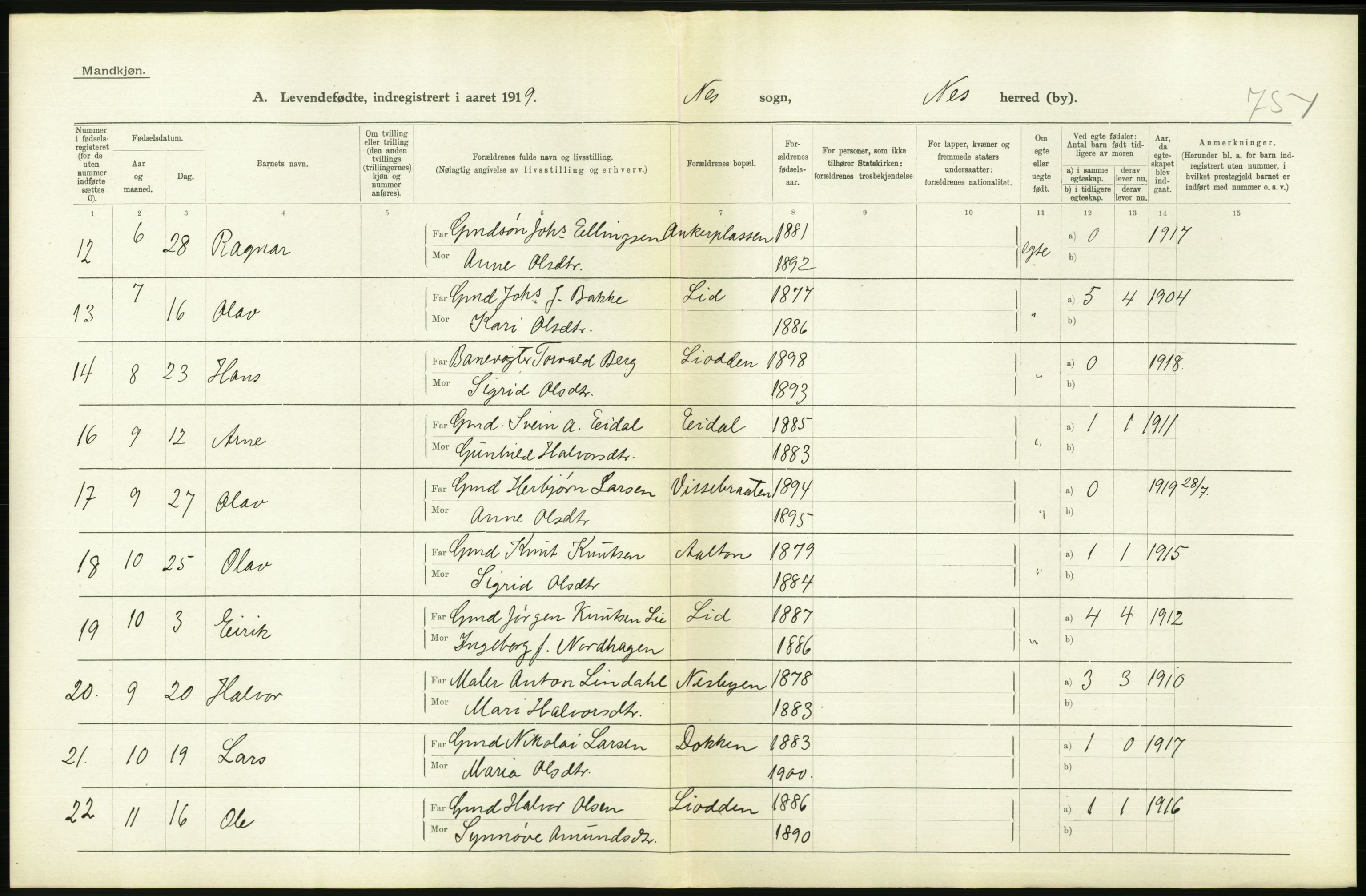 Statistisk sentralbyrå, Sosiodemografiske emner, Befolkning, RA/S-2228/D/Df/Dfb/Dfbi/L0016: Buskerud fylke: Levendefødte menn og kvinner. Bygder., 1919, p. 494