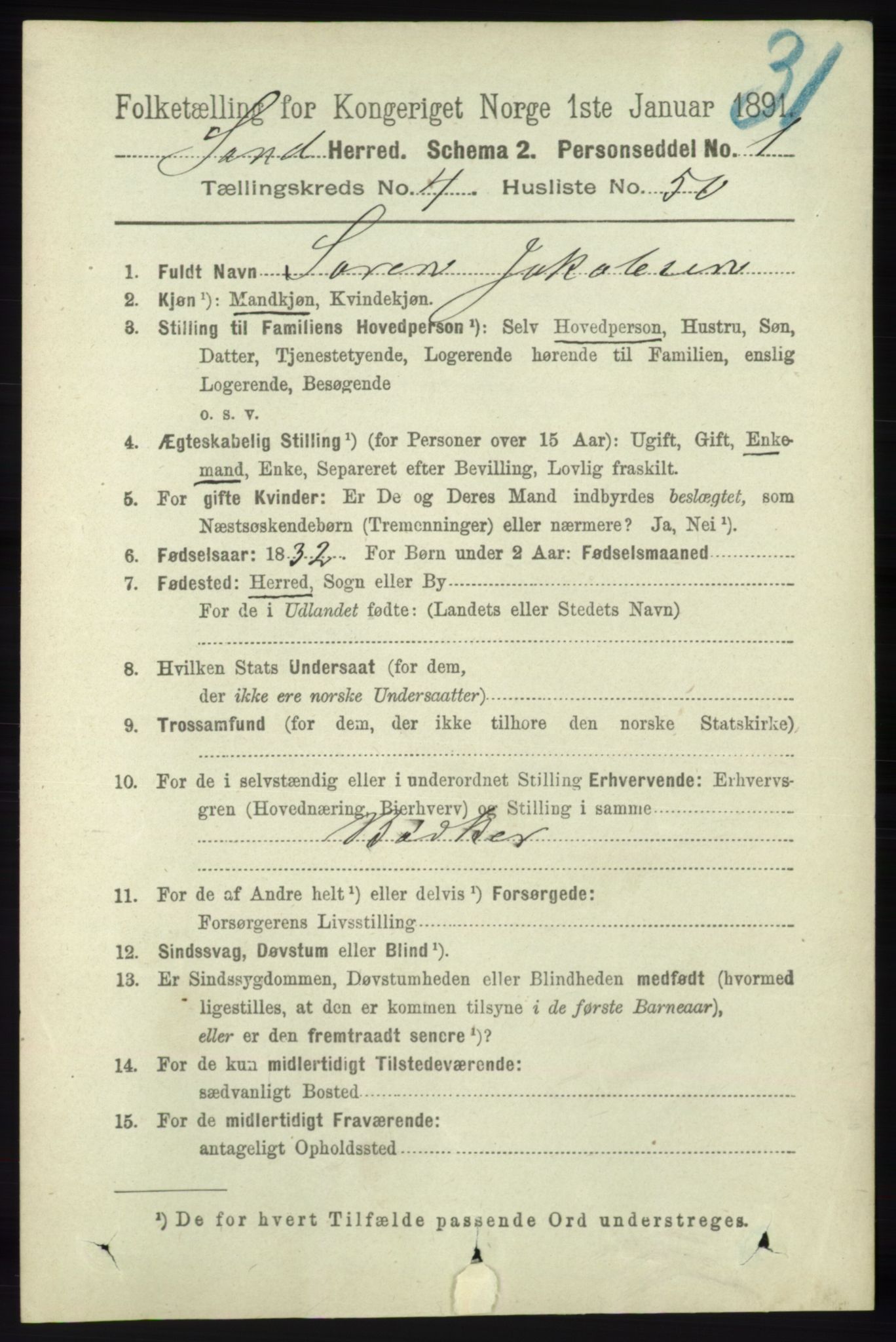 RA, 1891 census for 1136 Sand, 1891, p. 1481