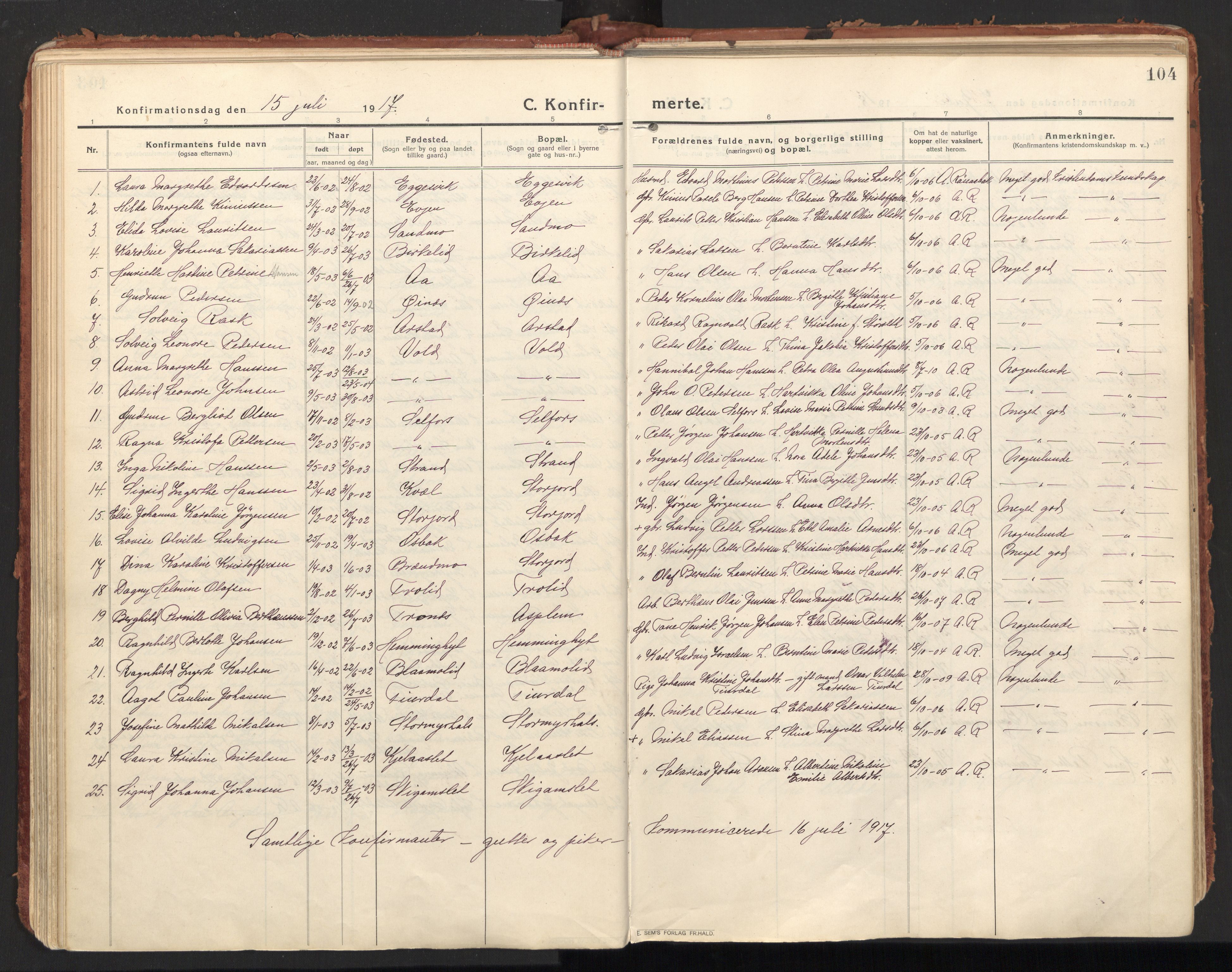 Ministerialprotokoller, klokkerbøker og fødselsregistre - Nordland, SAT/A-1459/846/L0650: Parish register (official) no. 846A08, 1916-1935, p. 104