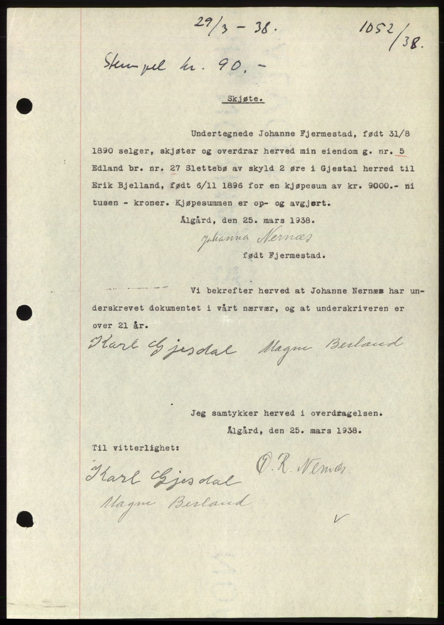 Jæren sorenskriveri, SAST/A-100310/03/G/Gba/L0070: Mortgage book, 1938-1938, Diary no: : 1052/1938