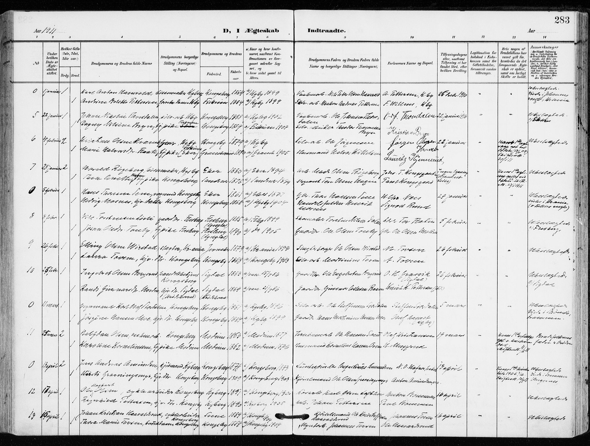 Kongsberg kirkebøker, AV/SAKO-A-22/F/Fb/L0004: Parish register (official) no. II 4, 1906-1918, p. 283