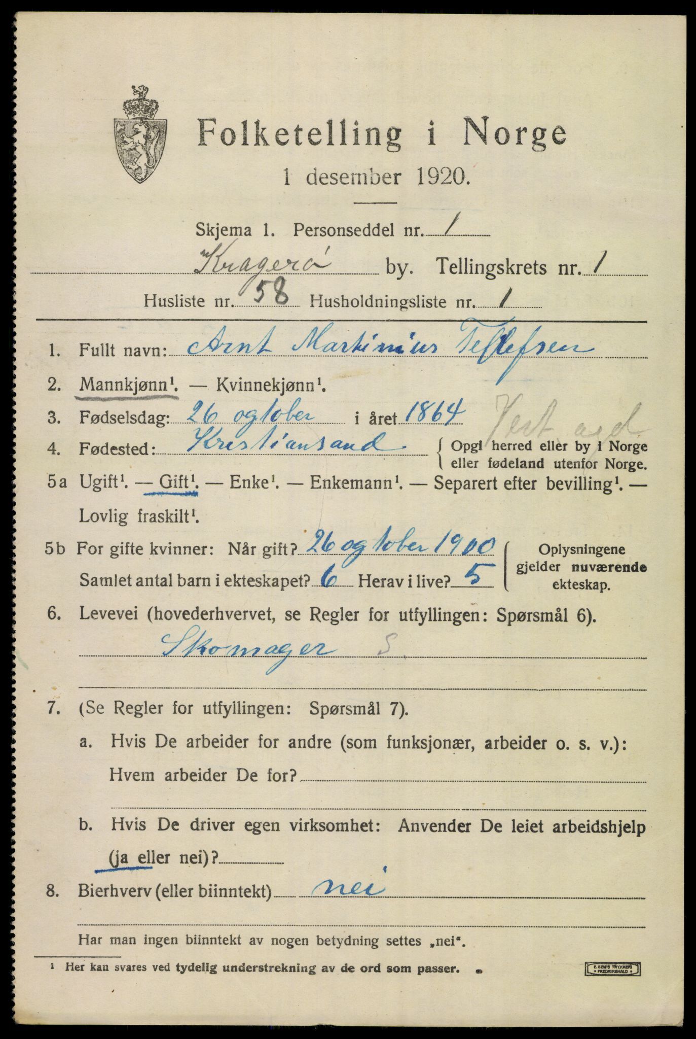 SAKO, 1920 census for Kragerø, 1920, p. 4905