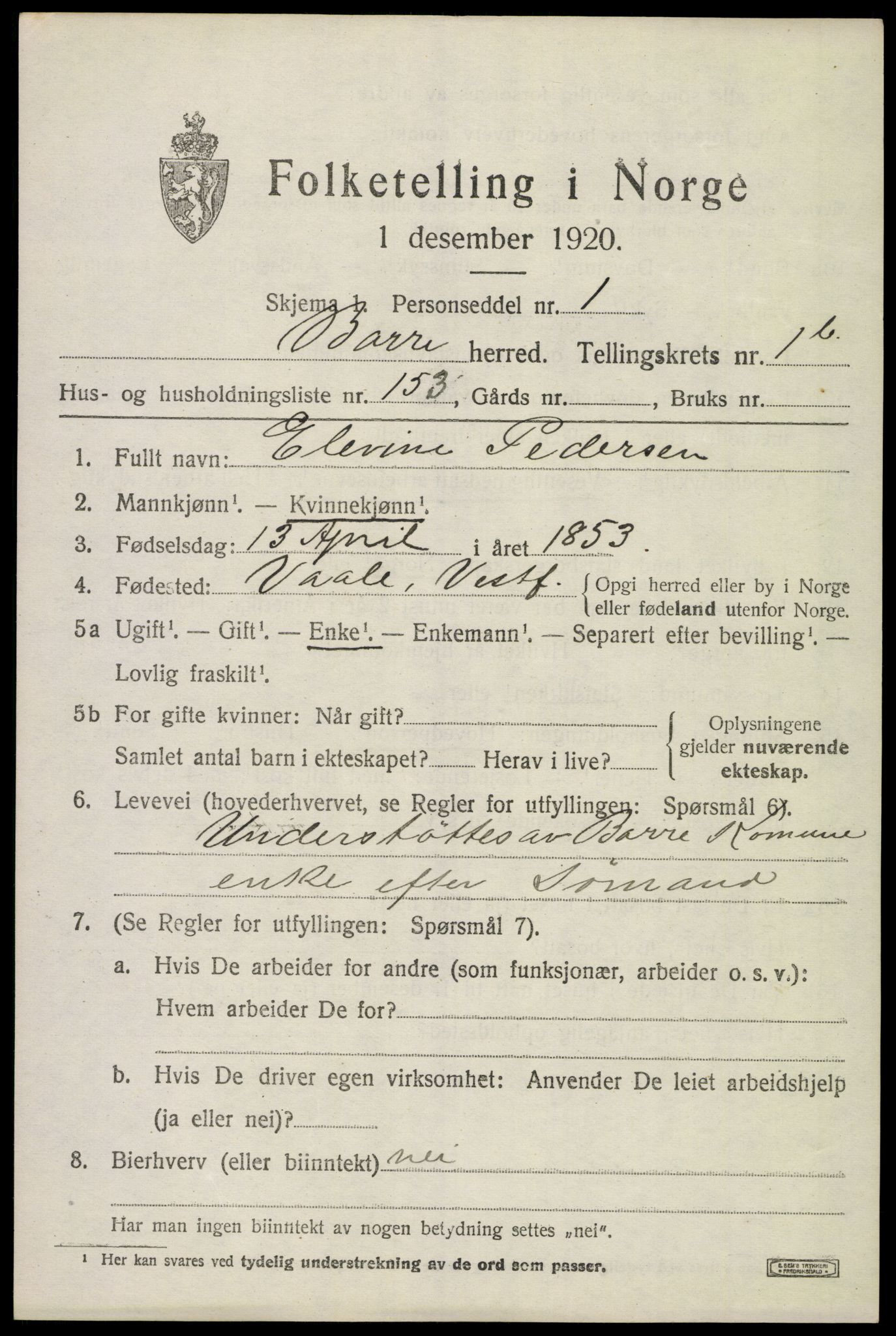SAKO, 1920 census for Borre, 1920, p. 4178