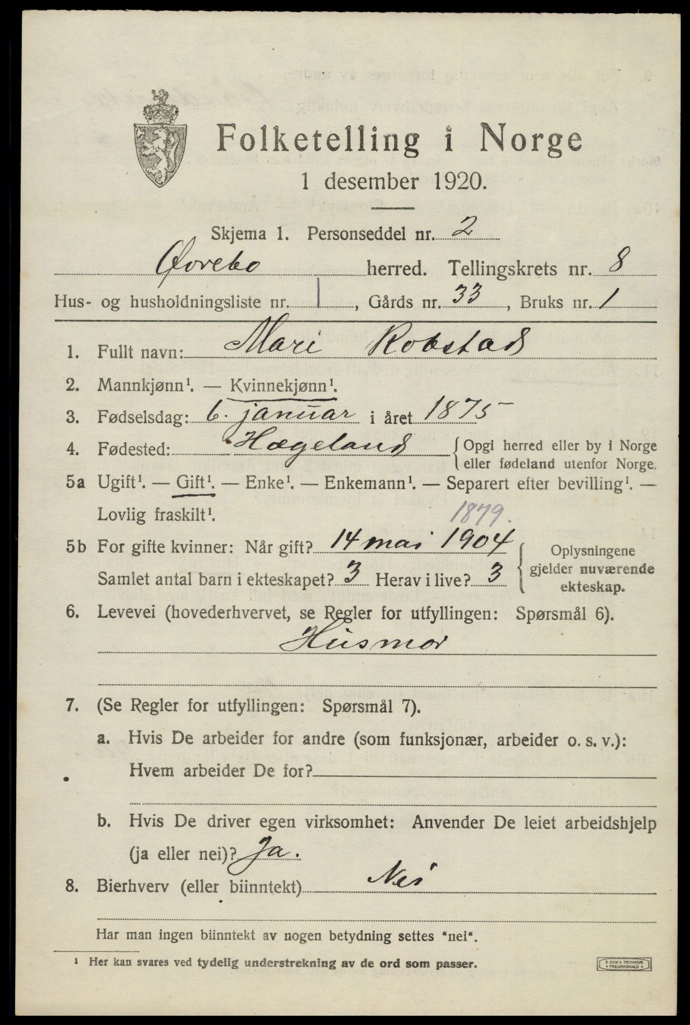 SAK, 1920 census for Øvrebø, 1920, p. 1702