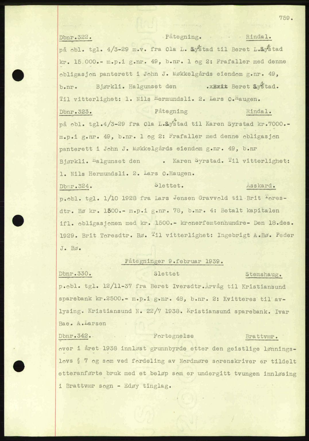 Nordmøre sorenskriveri, AV/SAT-A-4132/1/2/2Ca: Mortgage book no. C80, 1936-1939, Diary no: : 322/1939