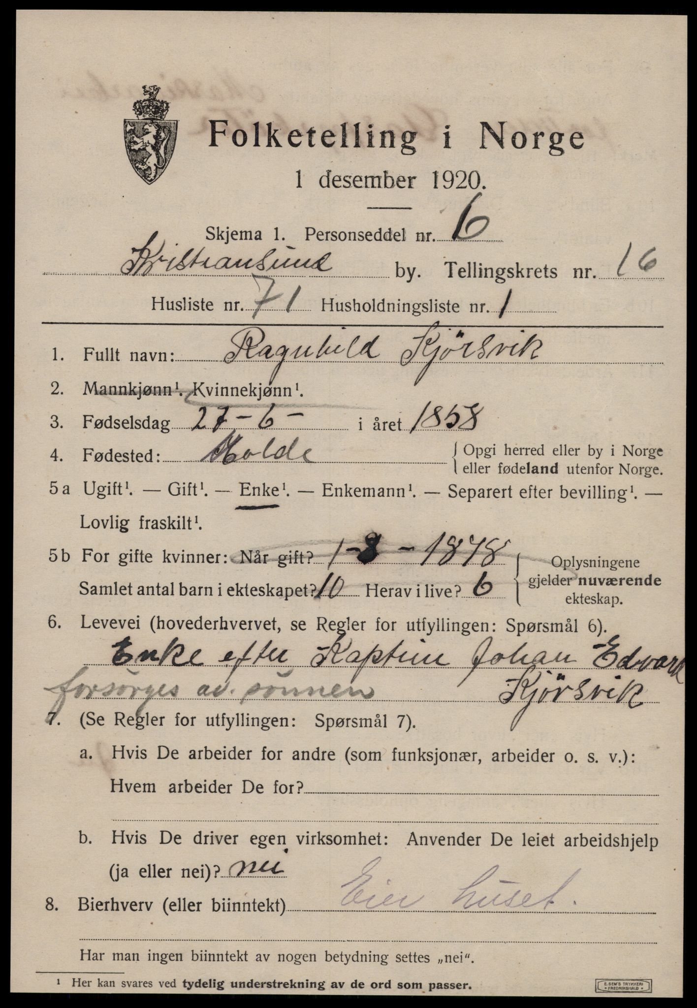 SAT, 1920 census for Kristiansund, 1920, p. 35441