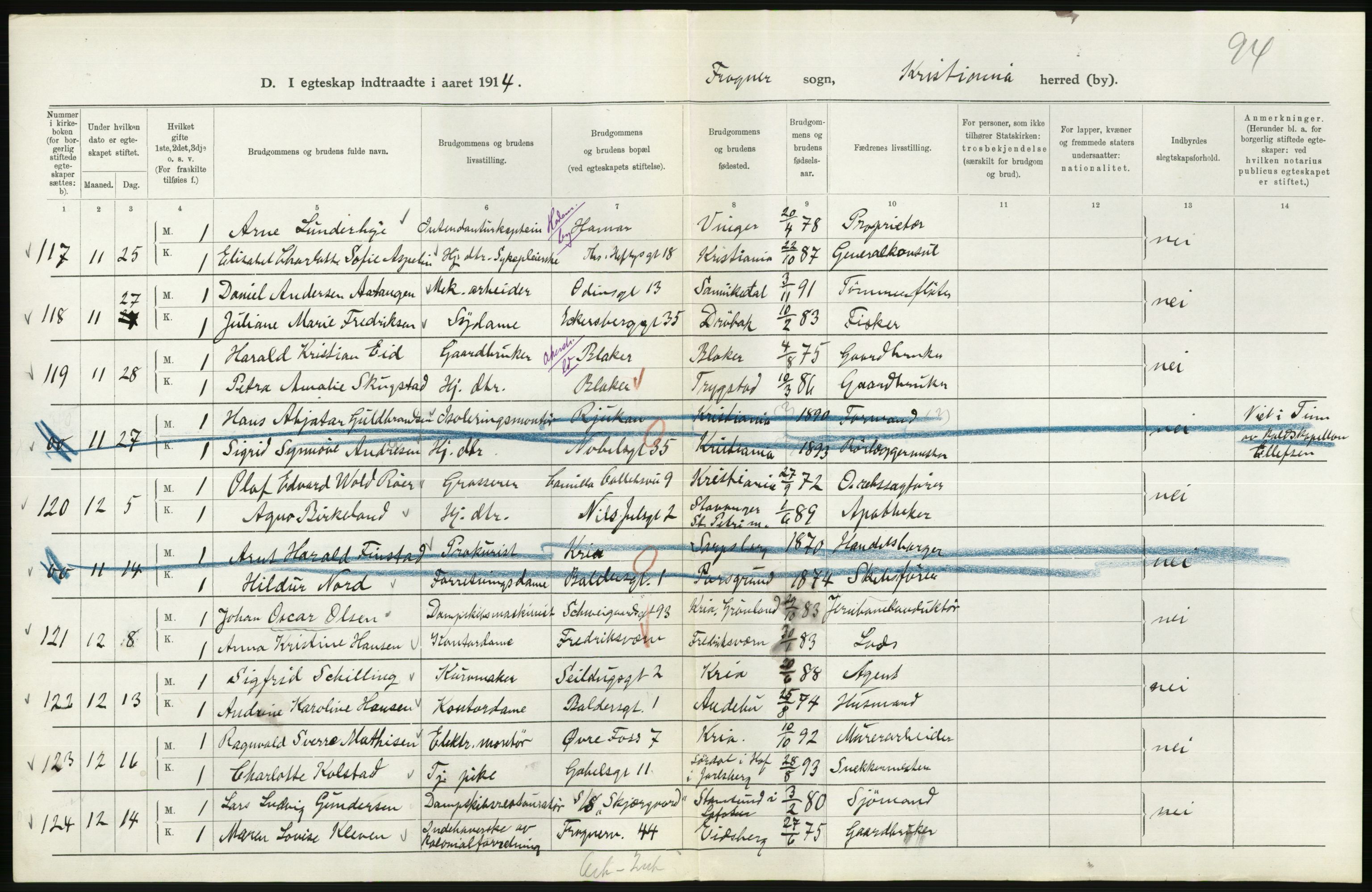 Statistisk sentralbyrå, Sosiodemografiske emner, Befolkning, AV/RA-S-2228/D/Df/Dfb/Dfbd/L0007: Kristiania: Gifte, 1914, p. 808