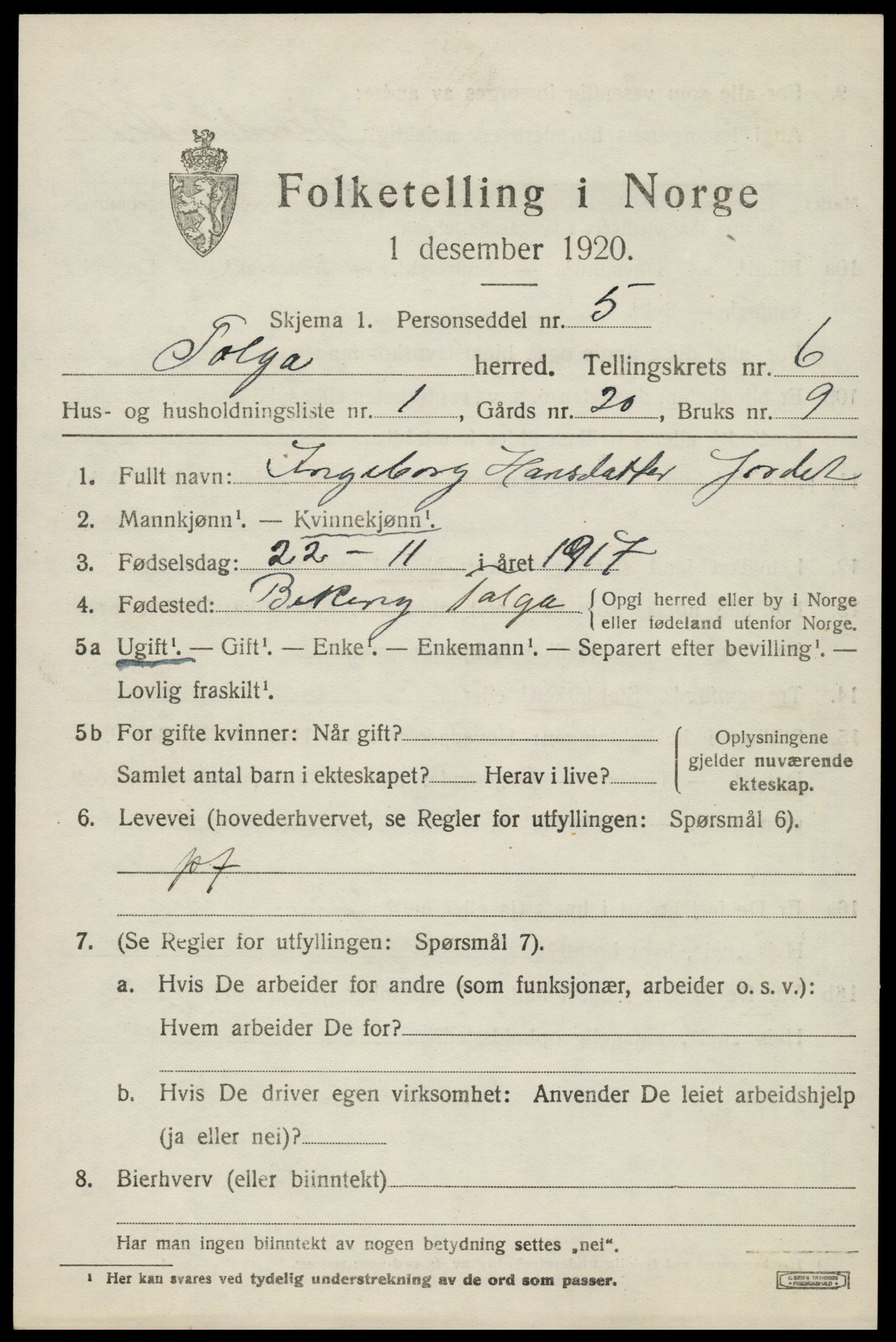 SAH, 1920 census for Tolga, 1920, p. 3635