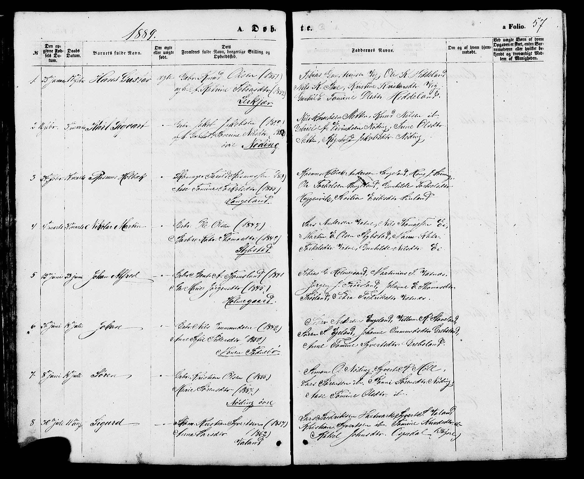 Holum sokneprestkontor, SAK/1111-0022/F/Fb/Fba/L0004: Parish register (copy) no. B 4, 1867-1890, p. 57