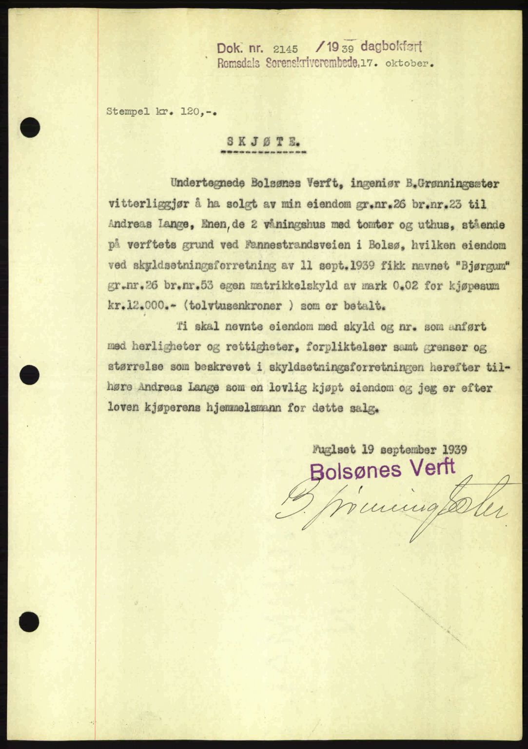 Romsdal sorenskriveri, AV/SAT-A-4149/1/2/2C: Mortgage book no. A7, 1939-1939, Diary no: : 2145/1939