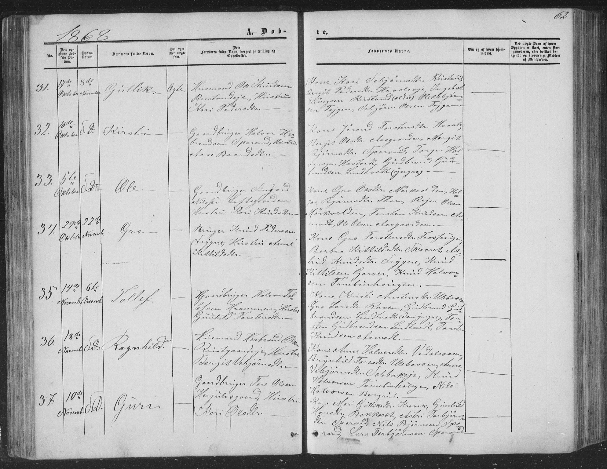 Nore kirkebøker, AV/SAKO-A-238/F/Fa/L0002: Parish register (official) no. I 2, 1856-1871, p. 62