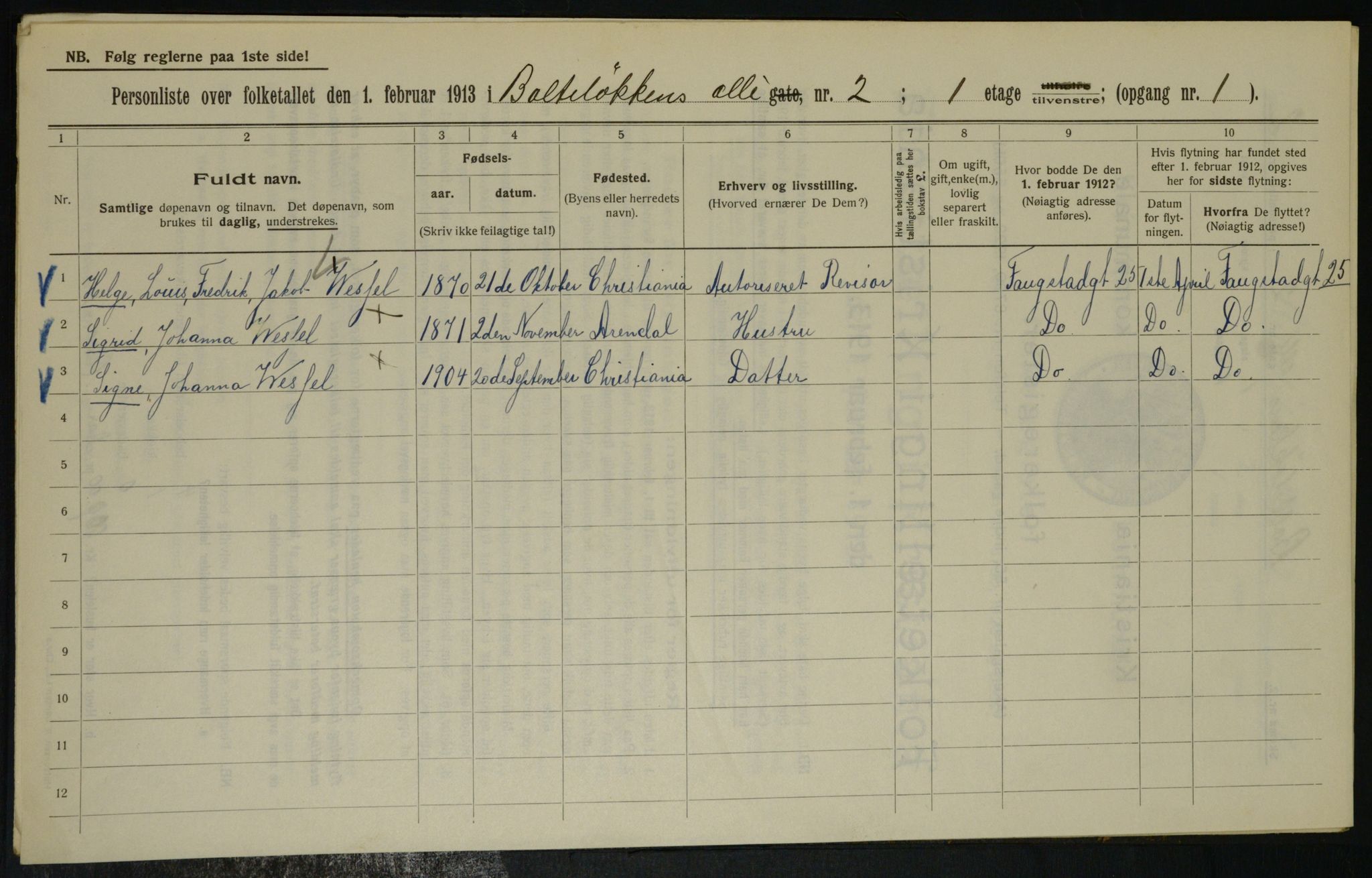 OBA, Municipal Census 1913 for Kristiania, 1913, p. 7496