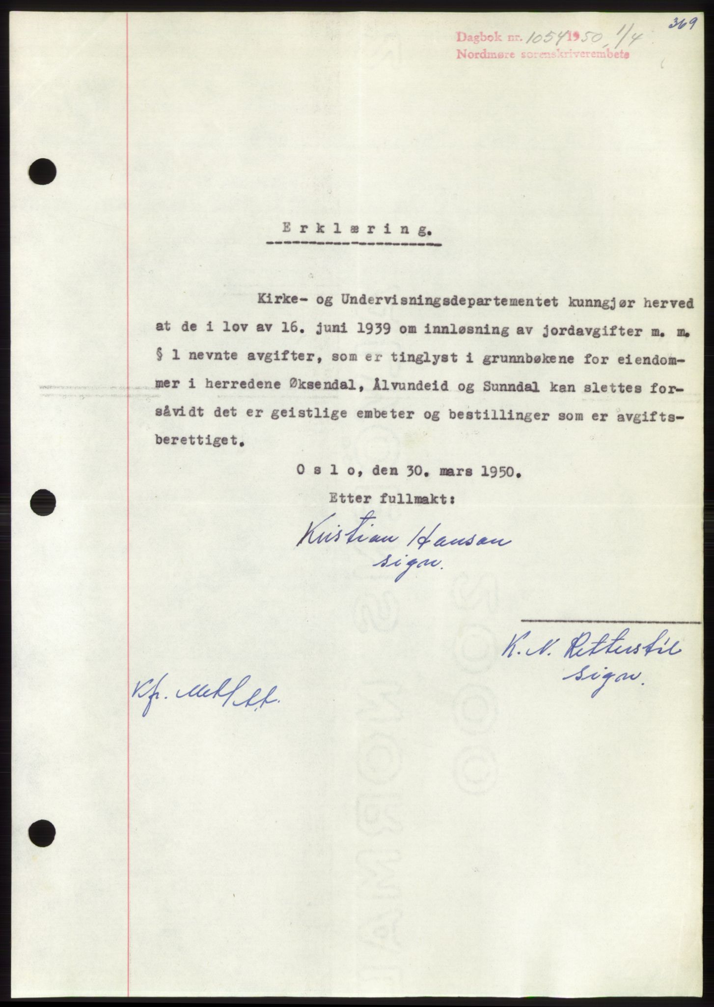 Nordmøre sorenskriveri, AV/SAT-A-4132/1/2/2Ca: Mortgage book no. B104, 1950-1950, Diary no: : 1054/1950