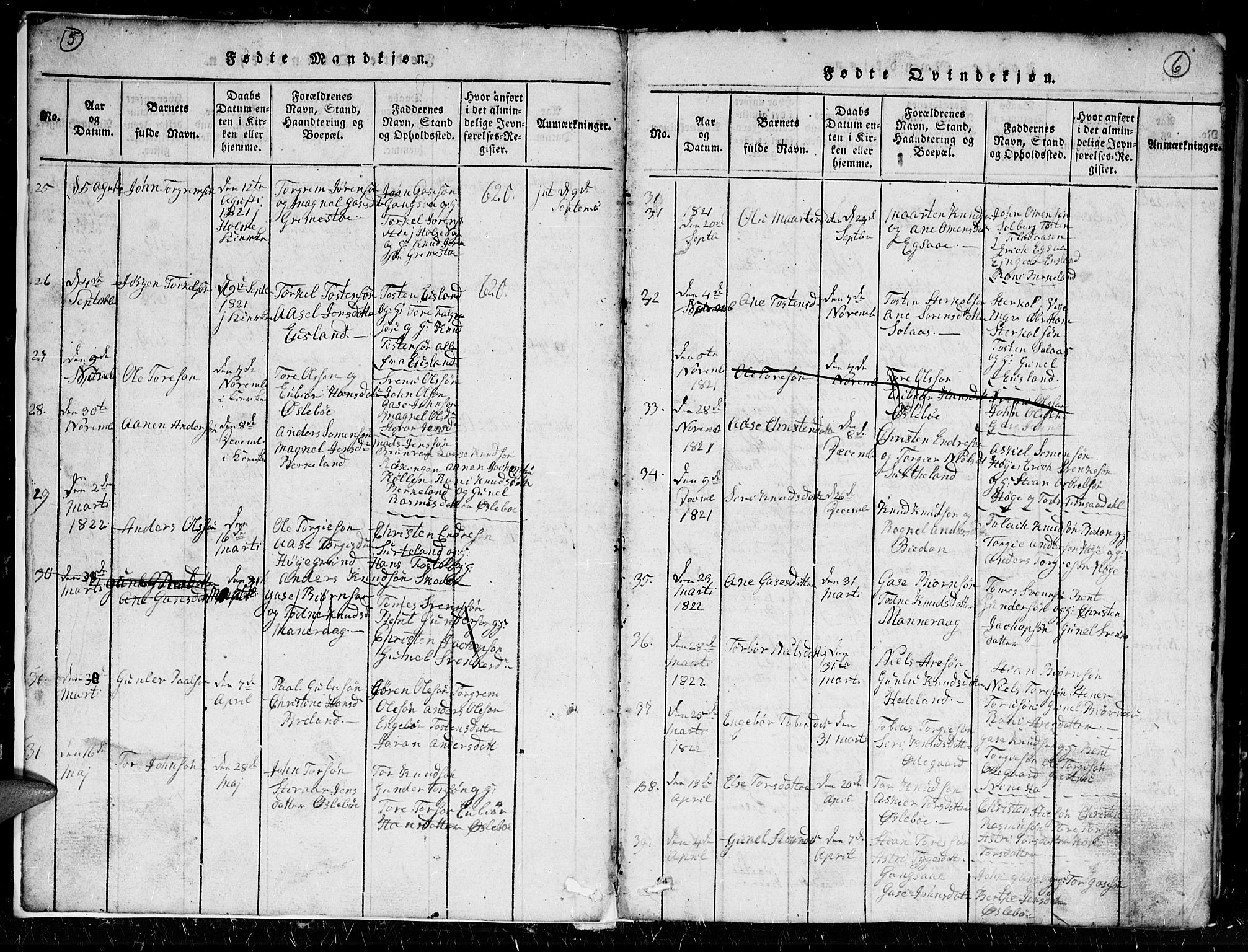 Holum sokneprestkontor, AV/SAK-1111-0022/F/Fb/Fbc/L0001: Parish register (copy) no. B 1, 1820-1859, p. 5-6