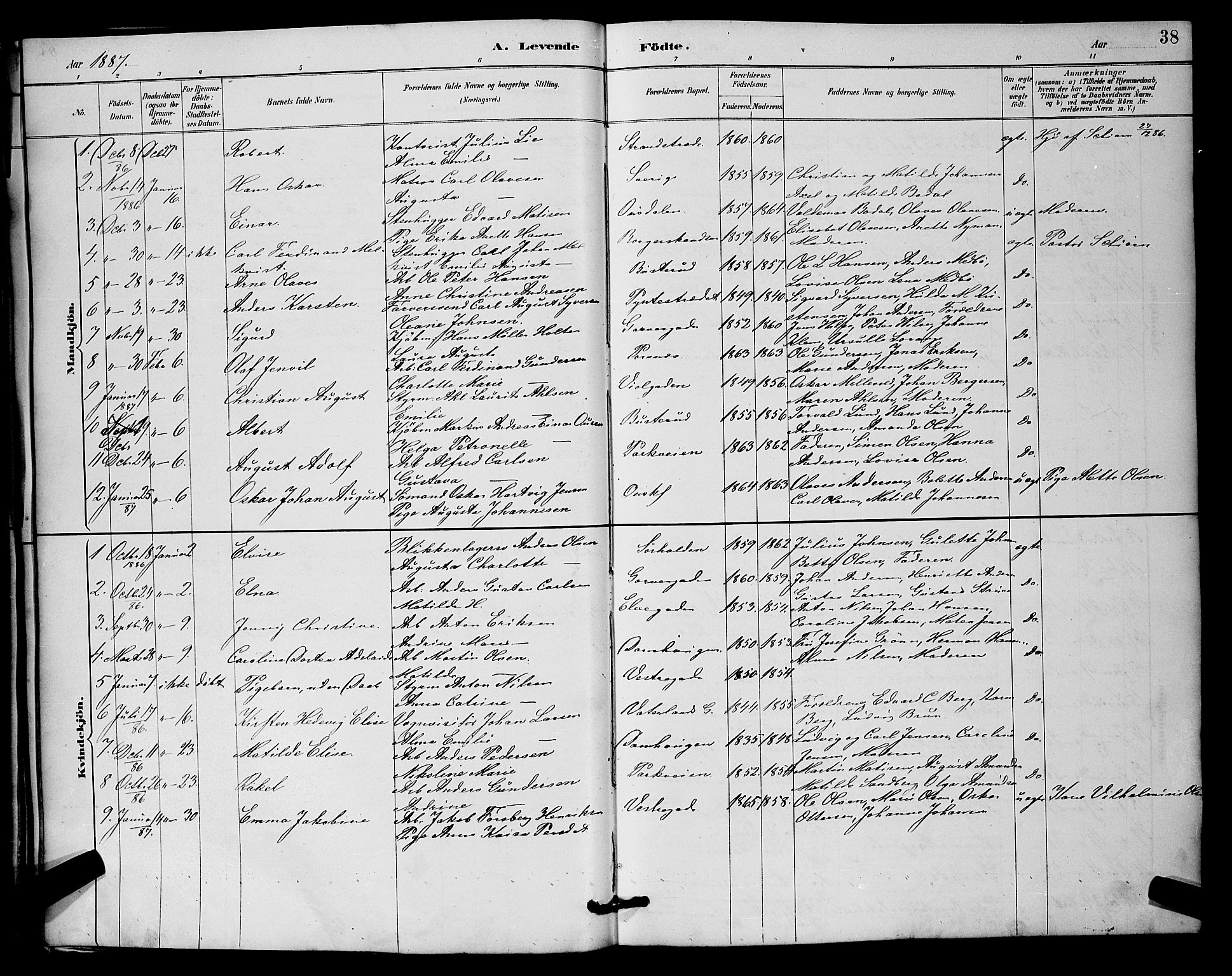 Halden prestekontor Kirkebøker, SAO/A-10909/G/Ga/L0008: Parish register (copy) no. 8, 1885-1899, p. 38