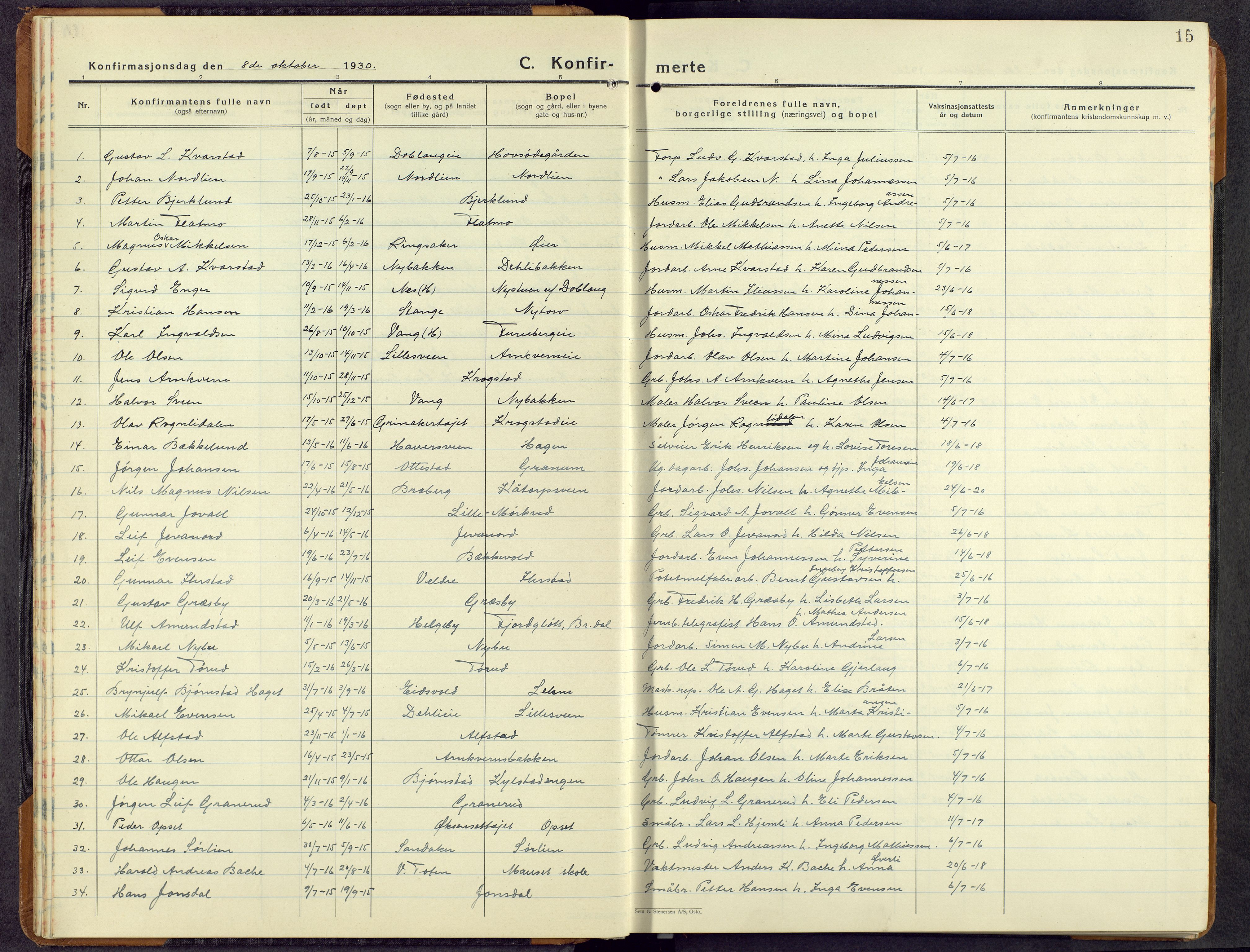 Furnes prestekontor, AV/SAH-PREST-012/L/La/L0004: Parish register (copy) no. 4, 1926-1970, p. 14b-15a