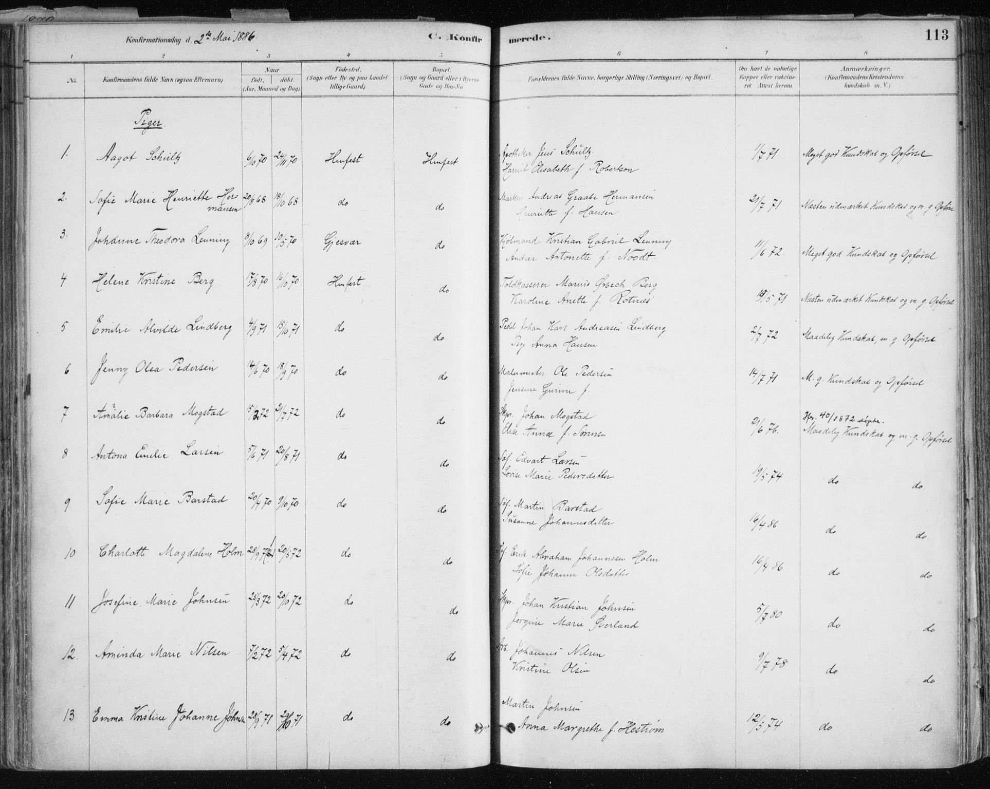 Hammerfest sokneprestkontor, AV/SATØ-S-1347/H/Ha/L0008.kirke: Parish register (official) no. 8, 1878-1889, p. 113