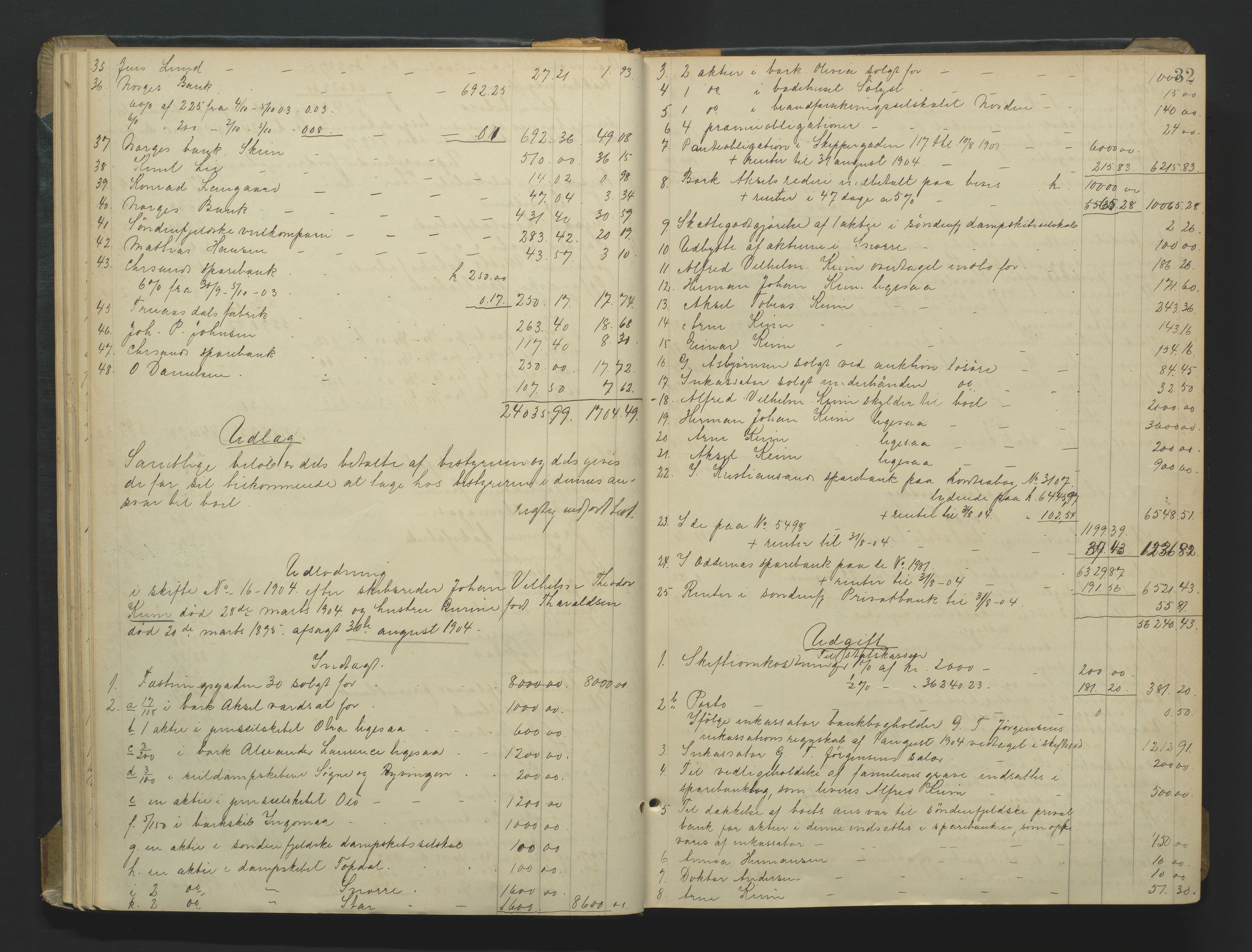 Kristiansand byrett, AV/SAK-1223-0001/H/Hc/L0060: Skifteutlodningsprotokoll nr. 6, med register, 1903-1916, p. 32