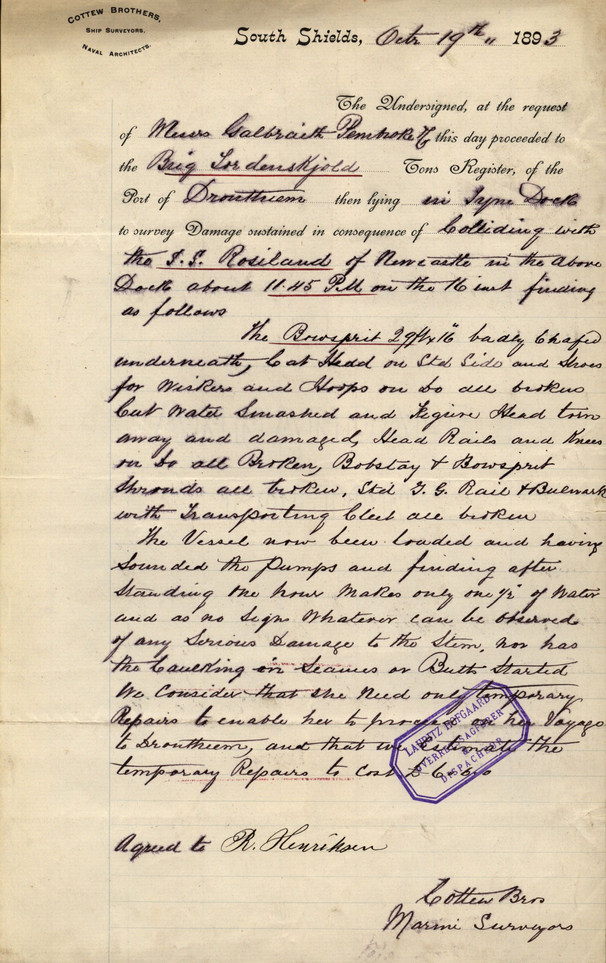 Pa 63 - Østlandske skibsassuranceforening, VEMU/A-1079/G/Ga/L0030/0003: Havaridokumenter / Rex, Salus, Schweigaard, Seladon, Titania, Tordenskjold av Trondhjem, 1893, p. 87