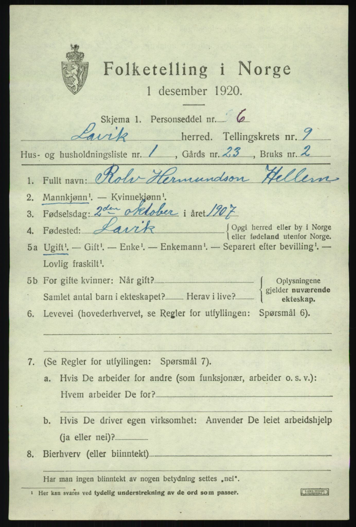 SAB, 1920 census for Lavik, 1920, p. 1916