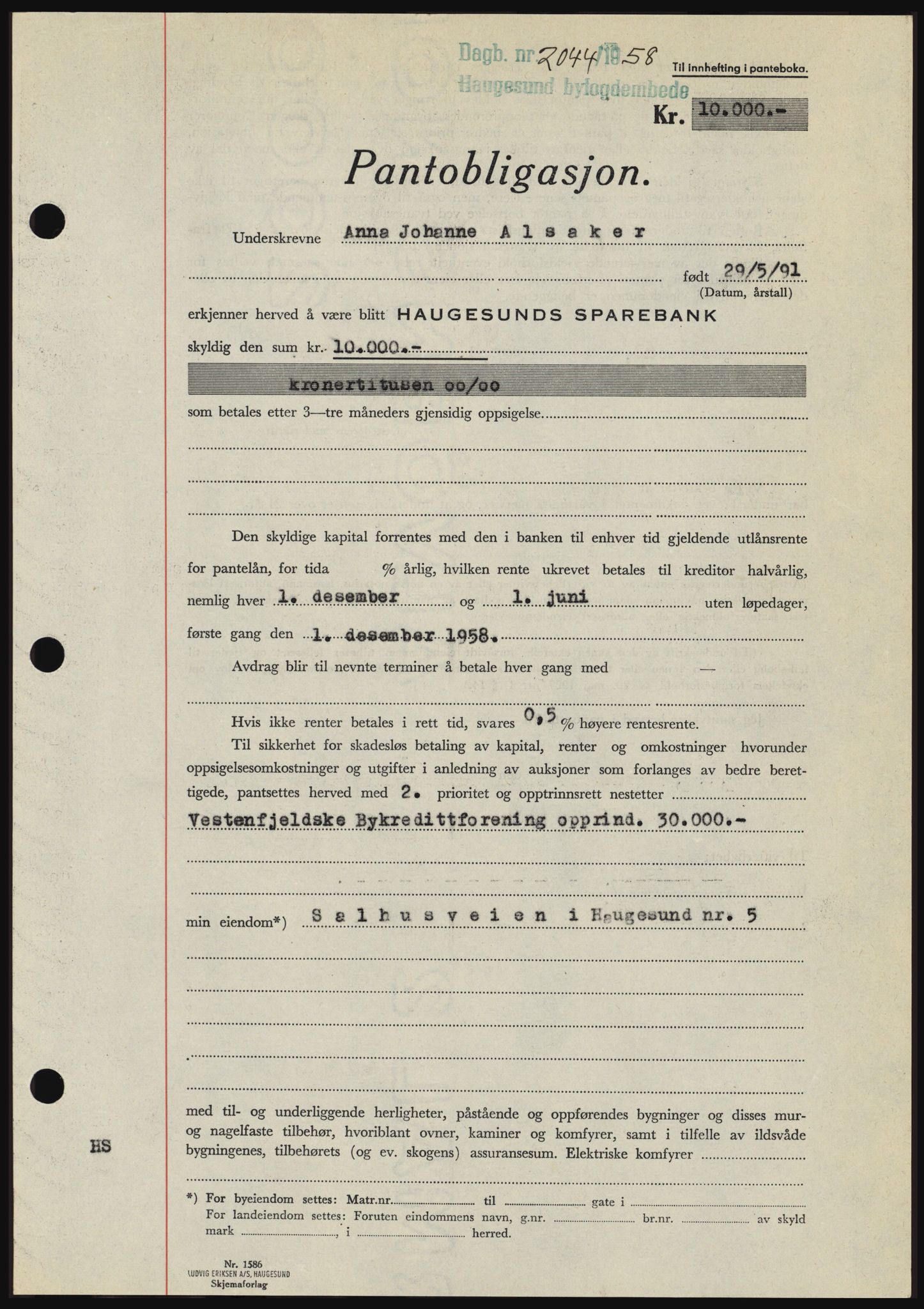 Haugesund tingrett, SAST/A-101415/01/II/IIC/L0044: Mortgage book no. B 44, 1958-1959, Diary no: : 2044/1958