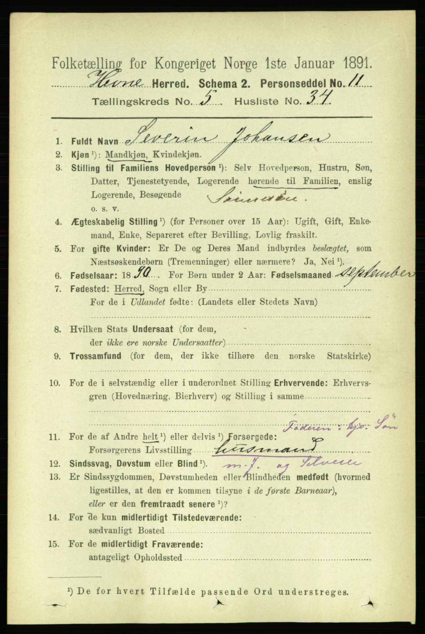 RA, 1891 census for 1612 Hemne, 1891, p. 2685