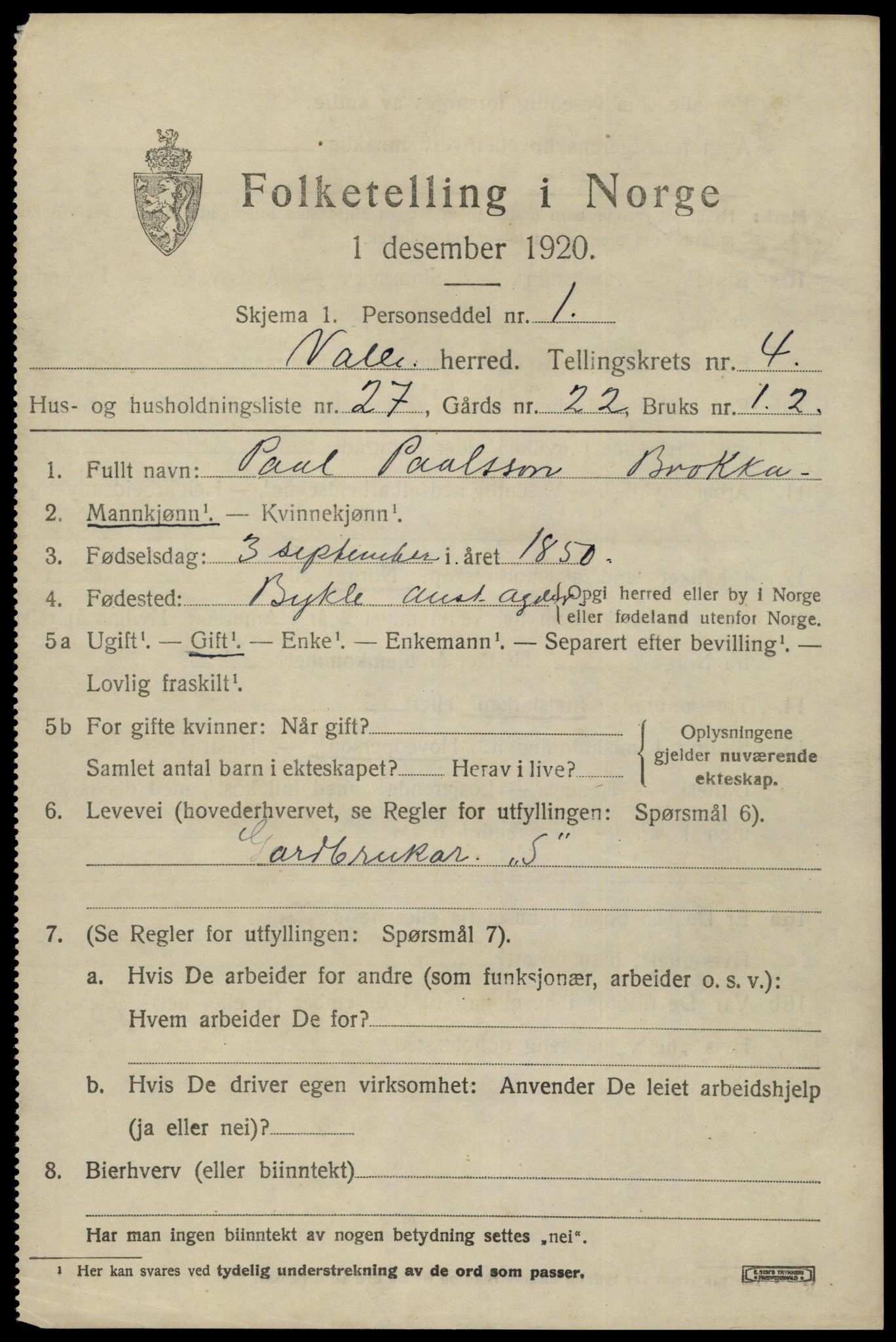 SAK, 1920 census for Valle, 1920, p. 2277