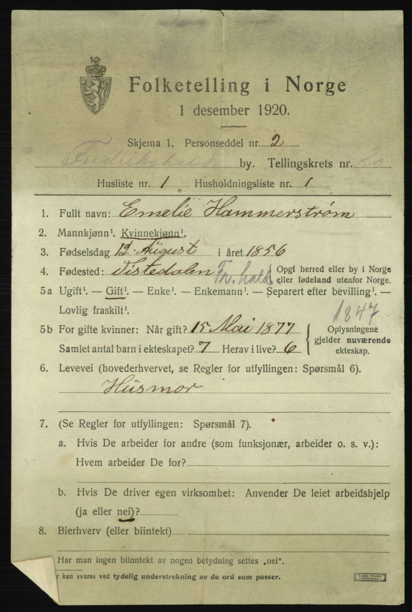 SAO, 1920 census for Fredrikshald, 1920, p. 29057